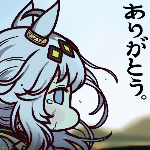 jazz jack, oguri cap (umamusume), japan racing association, umamusume, umamusume: cinderella gray, lowres, photo-referenced, 1girl, ahoge, animal ears, blue eyes, blush, chibi, from side, grey hair, hair between eyes, horse ears, horse girl, jacket, long hair, neckerchief, official alternate costume, oguri cap (cinderella gray) (umamusume), poster parody, red neckerchief, solo, sweat, upper body, white jacket