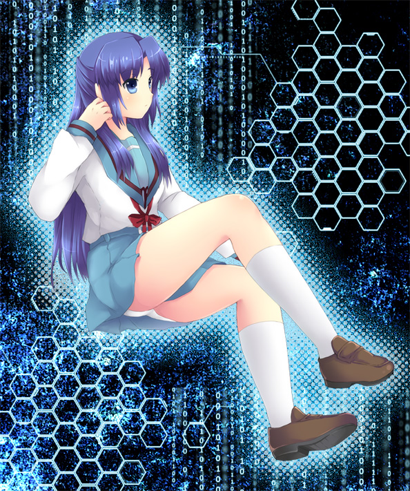 inui nagi, asakura ryoko, suzumiya haruhi no yuuutsu, 00s, blue eyes, blue hair, long hair, panties, pantyshot, school uniform, serafuku, sitting, solo, underwear