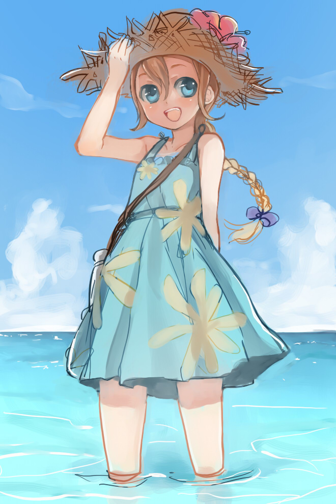 hama (sleeps), patty fleur, tales of (series), tales of vesperia, 00s, 1girl, blonde hair, blue eyes, braid, dress, female focus, hat, official alternate costume, smile, solo, straw hat