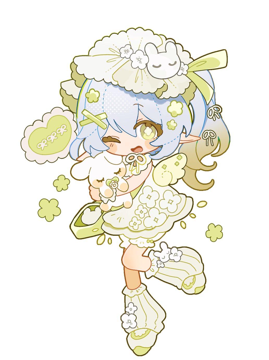 kingyo (nyankomanjyuu15), nahida (genshin impact), genshin impact, clothing request, highres, 1girl, alternate costume, angel wings, bag, bloomers, blush, bright pupils, casual, colored tips, contemporary, cross-shaped pupils, dress, eyelashes, flower, full body, green bag, green dress, green eyes, green flower, green hair, green hat, green leg warmers, green ribbon, green shoes, hair flower, hair ornament, handbag, hat, hat ribbon, holding, holding stuffed toy, layered dress, leg warmers, long hair, looking at viewer, multicolored hair, one eye closed, open mouth, pacifier, pointy ears, rabbit, rabbit ornament, ribbon, shoes, side ponytail, sidelocks, solo, stuffed animal, stuffed toy, symbol-shaped pupils, tareme, underwear, white background, white bloomers, white hair, white pupils, wing ornament, wings, x hair ornament