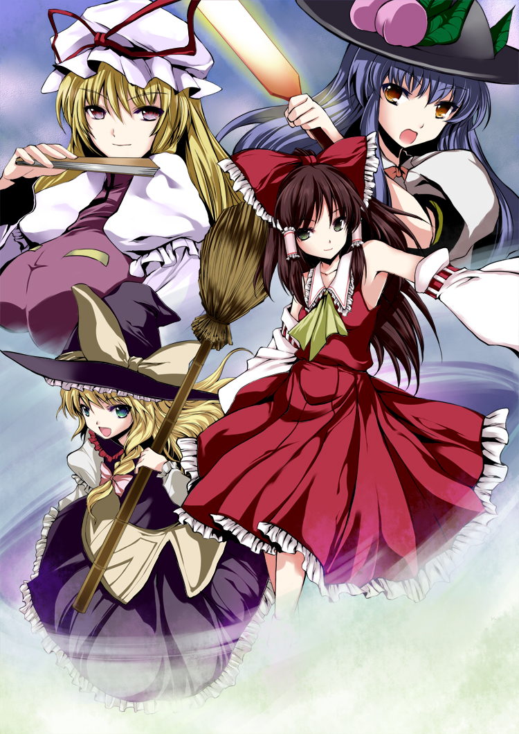 atoshi, hakurei reimu, hinanawi tenshi, kirisame marisa, yakumo yukari, touhou, bad id, bad pixiv id, 4girls, blonde hair, blue eyes, blue hair, brown hair, detached sleeves, female focus, folded fan, folding fan, food, fruit, hand fan, hat, japanese clothes, long hair, miko, multiple girls, peach, purple eyes, red eyes, ribbon, sword, weapon, witch, witch hat