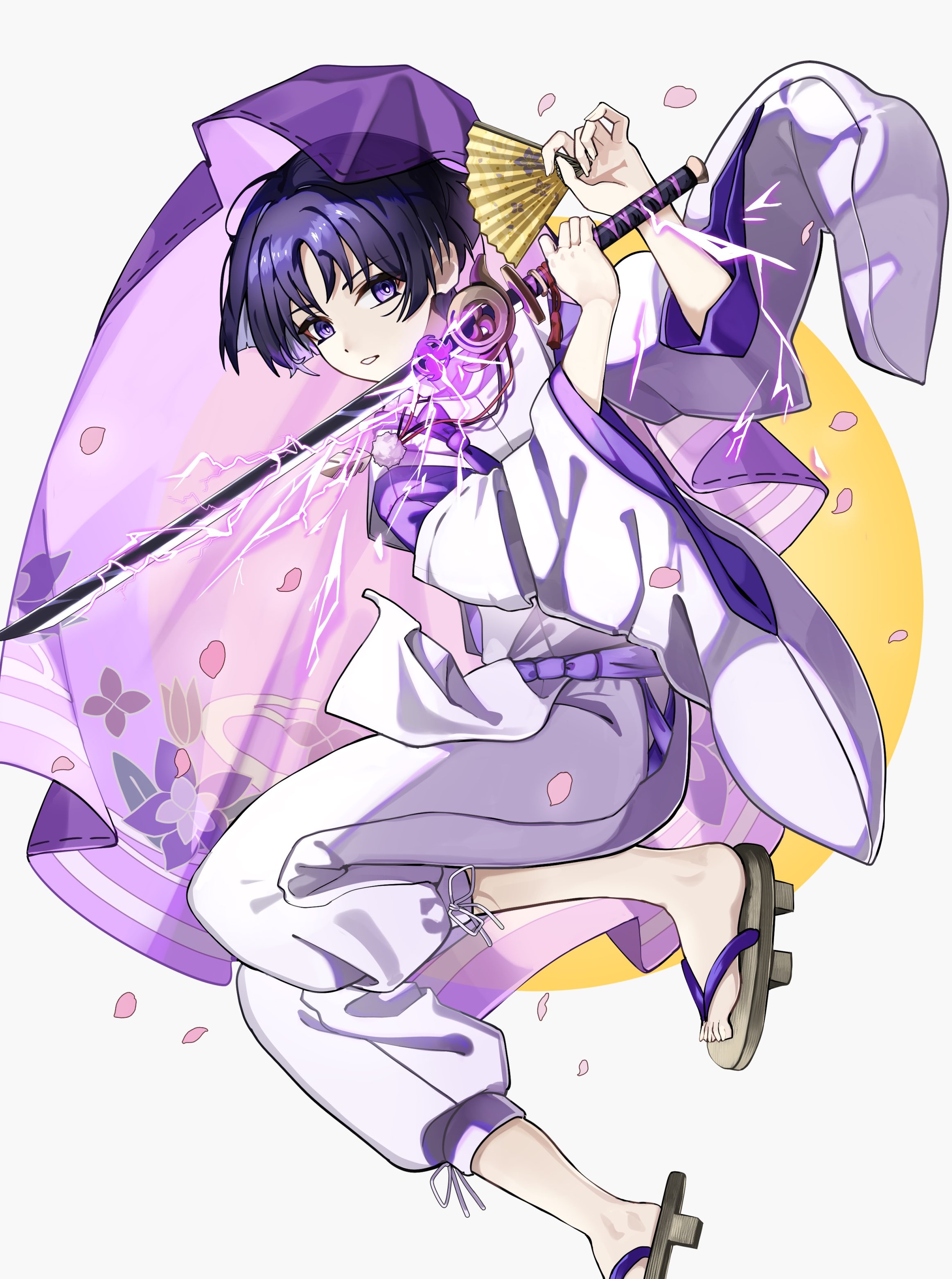 aomiya souju, scaramouche (genshin impact), scaramouche (kabukimono) (genshin impact), genshin impact, absurdres, highres, 1boy, blunt ends, bow, bright pupils, brown sandals, clothing cutout, curled fingers, eyeliner, eyeshadow, falling petals, feathers, fighting stance, fingernails, floral print veil, folding fan, full body, geta, hand fan, hands up, hip vent, holding, holding fan, holding sword, holding weapon, japanese clothes, kariginu, katana, layered sleeves, looking at viewer, makeup, male focus, mitsudomoe (shape), open mouth, ox guard, pants, petals, pink petals, pink veil, pom pom (clothes), purple bow, purple electricity, purple eyes, purple hair, purple sash, purple sleeves, purple veil, red eyeliner, red eyeshadow, sandals, sash, see-through clothes, see-through veil, shoulder cutout, solo, string, sword, tasuki, three-quarter sleeves, toenails, tomoe (symbol), two-sided veil, veil, weapon, white background, white mouth, white pants, white pupils, white sleeves, wide sleeves, yellow feathers