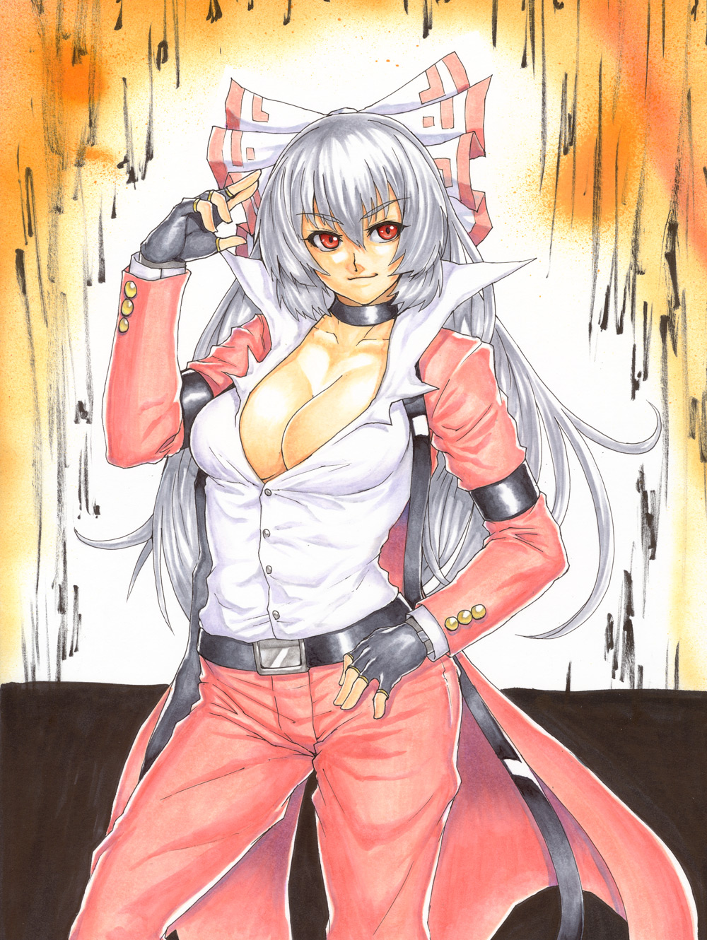 houtengeki, fujiwara no mokou, rugal bernstein, the king of fighters, touhou, silver hair, highres, 1girl, bow, breasts, choker, cleavage, cosplay, female focus, gloves, hair bow, hair ribbon, jacket, large breasts, long hair, open clothes, red eyes, ribbon, rugal bernstein (cosplay), solo
