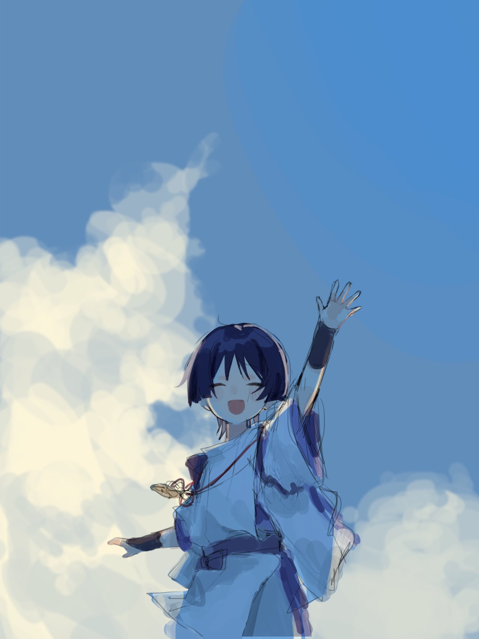 scaramouche (genshin impact), scaramouche (kabukimono) (genshin impact), genshin impact, highres, 1boy, 624 itumo, arm up, armor, black hair, blue sky, blunt ends, blush, bow, closed eyes, clothing cutout, cloud, cloudy sky, cowboy shot, facing viewer, feathers, japanese armor, japanese clothes, kariginu, kimono, kote, kurokote, layered sleeves, male focus, open hand, open mouth, outdoors, pelvic curtain, purple bow, purple kimono, purple sash, purple sleeves, sash, side cutout, sketch, sky, solo, string, three-quarter sleeves, white sleeves, wispy bangs, yellow feathers