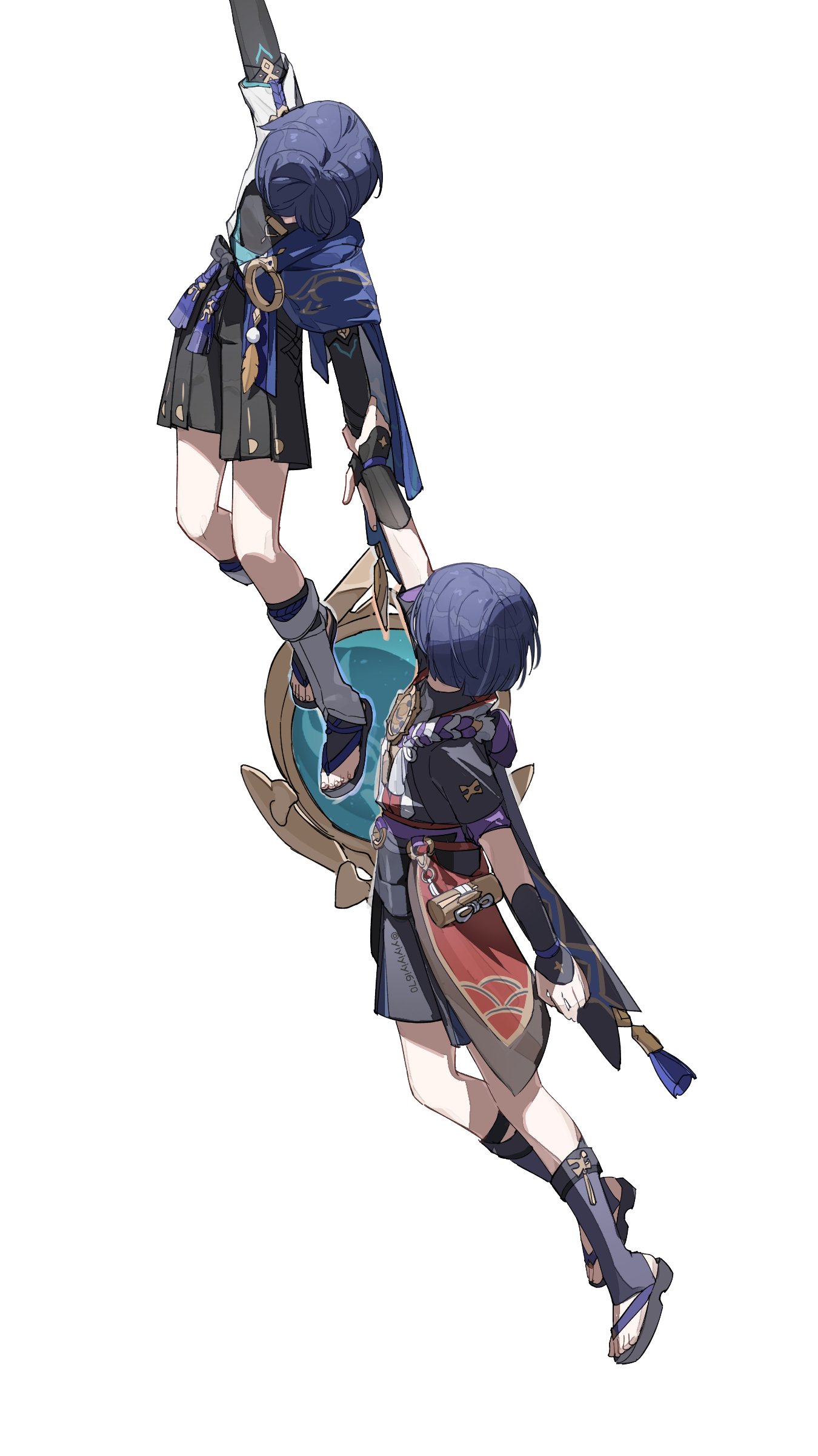 yiyiyiyi670, scaramouche (genshin impact), wanderer (genshin impact), genshin impact, absurdres, highres, 2boys, anemo symbol (genshin impact), aqua gemstone, arm at side, arm up, armor, black bodysuit, black bow, black bridal gauntlets, black kimono, black sandals, black shorts, black sleeves, blue cape, blue kimono, blue sleeves, bodysuit, bow, bridal gauntlets, bridal legwear, cape, facing another, feathers, furisode, gem, gold trim, grey hair, hakama, hakama shorts, holding another's wrist, japanese armor, japanese clothes, juban, kimono, kote, kurokote, layered sleeves, leg warmers, multiple boys, o-ring, open clothes, open hand, open kimono, pleated shorts, pom pom (clothes), purple bag, purple rope, purple sash, purple sleeves, red kimono, red sash, rope, sandals, sash, scene reference, shimenawa, short sleeves, shorts, stirrup legwear, tassel, toeless legwear, toenails, toes, twitter username, vision (genshin impact), white background, white kimono, white leg warmers, white rope, white sleeves, yellow feathers, zouri