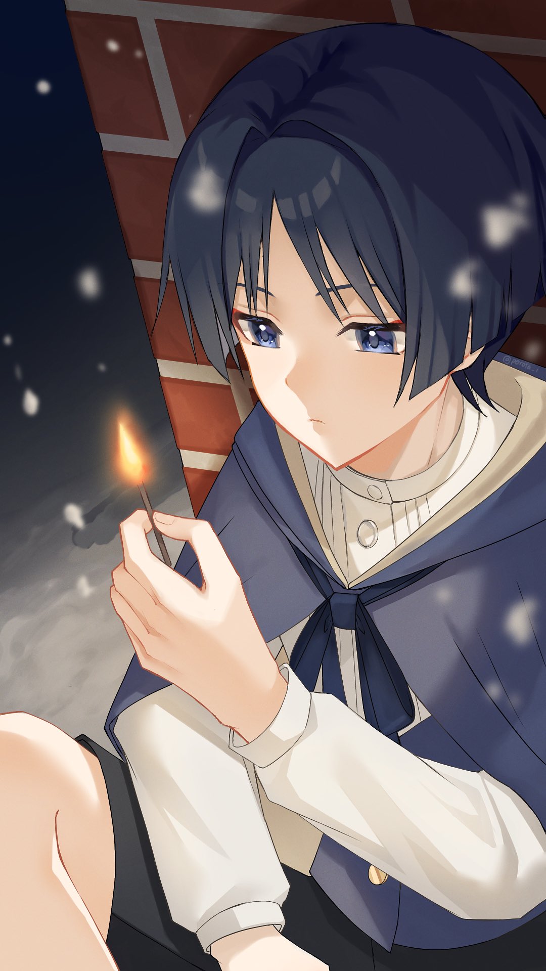 scaramouche (genshin impact), genshin impact, highres, 1boy, against wall, arm on thigh, black bow, black hair, black shorts, blunt ends, bow, closed mouth, eyeliner, eyeshadow, fire, grey cloak, grey vest, hair intakes, hand up, holding matchstick, long sleeves, looking at object, makeup, male focus, night, outdoors, perota 1, purple eyes, red eyeliner, red eyeshadow, shirt, shorts, sitting, snowing, solo, undershirt, vest, white shirt, white sleeves, wispy bangs