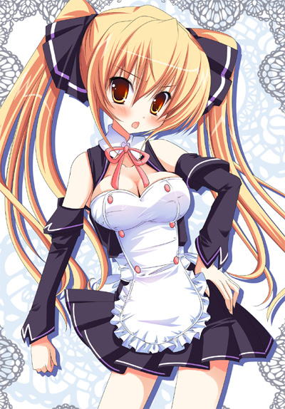 hinata momo, mian (dream c club), dream c club, dream c club (series), bad id, bad pixiv id, 1girl, blonde hair, blush, breasts, cleavage, detached sleeves, female focus, large breasts, solo, twintails, waitress, yellow eyes