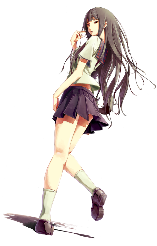 itoshiki rin, kitsu chiri, sayonara zetsubou sensei, 00s, 1girl, black hair, female focus, full body, long hair, looking back, red eyes, school uniform, serafuku, shadow, skirt, solo, thighhighs, white background