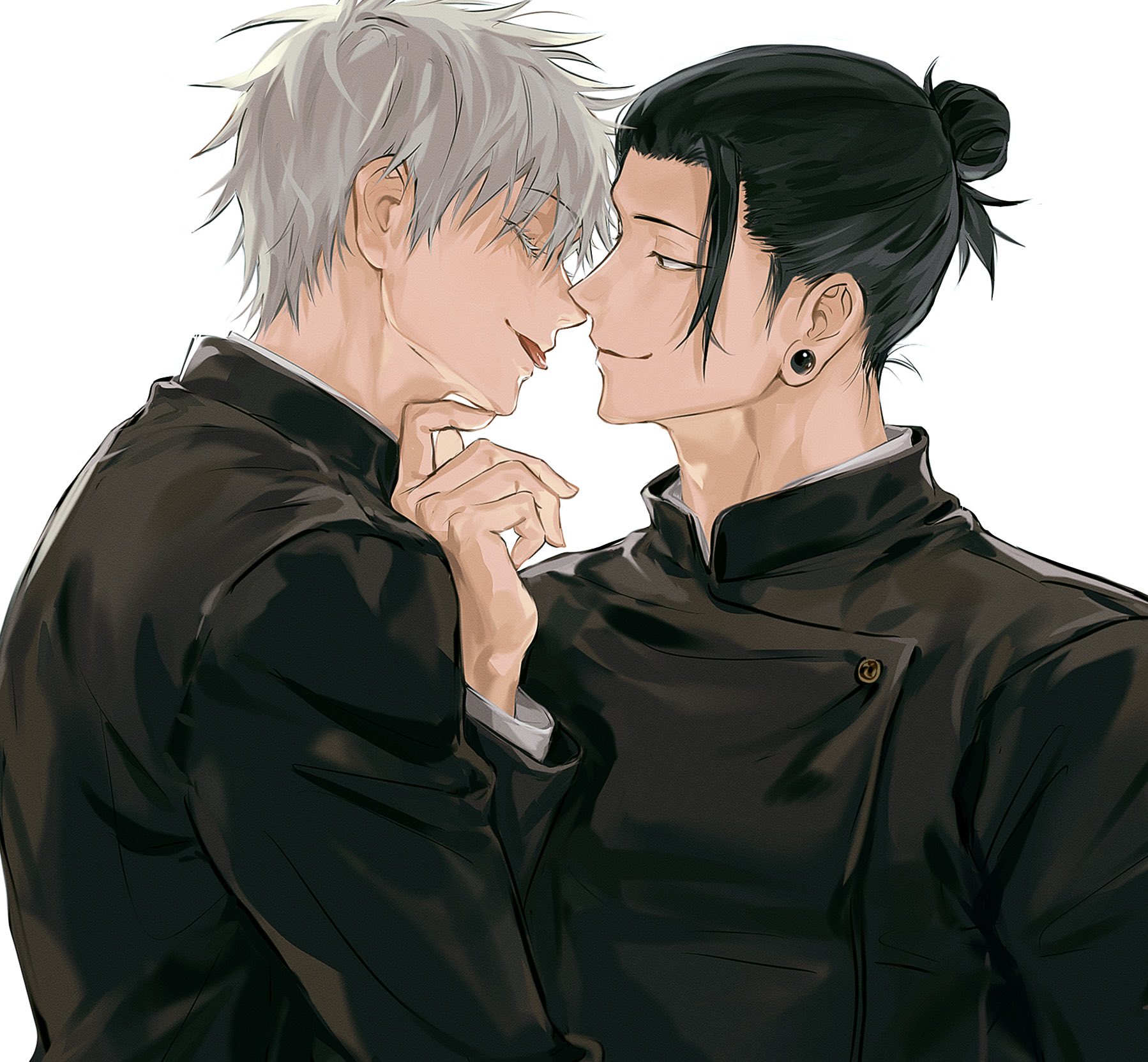 99round, getou suguru, gojou satoru, jujutsu kaisen, hashtag-only commentary, highres, 2boys, black hair, buttons, closed eyes, closed mouth, colored eyelashes, from side, hair pulled back, jujutsu tech uniform, looking at another, male focus, multiple boys, plug (piercing), short hair, simple background, tongue, tongue out, upper body, white background, white eyelashes, white hair, yaoi