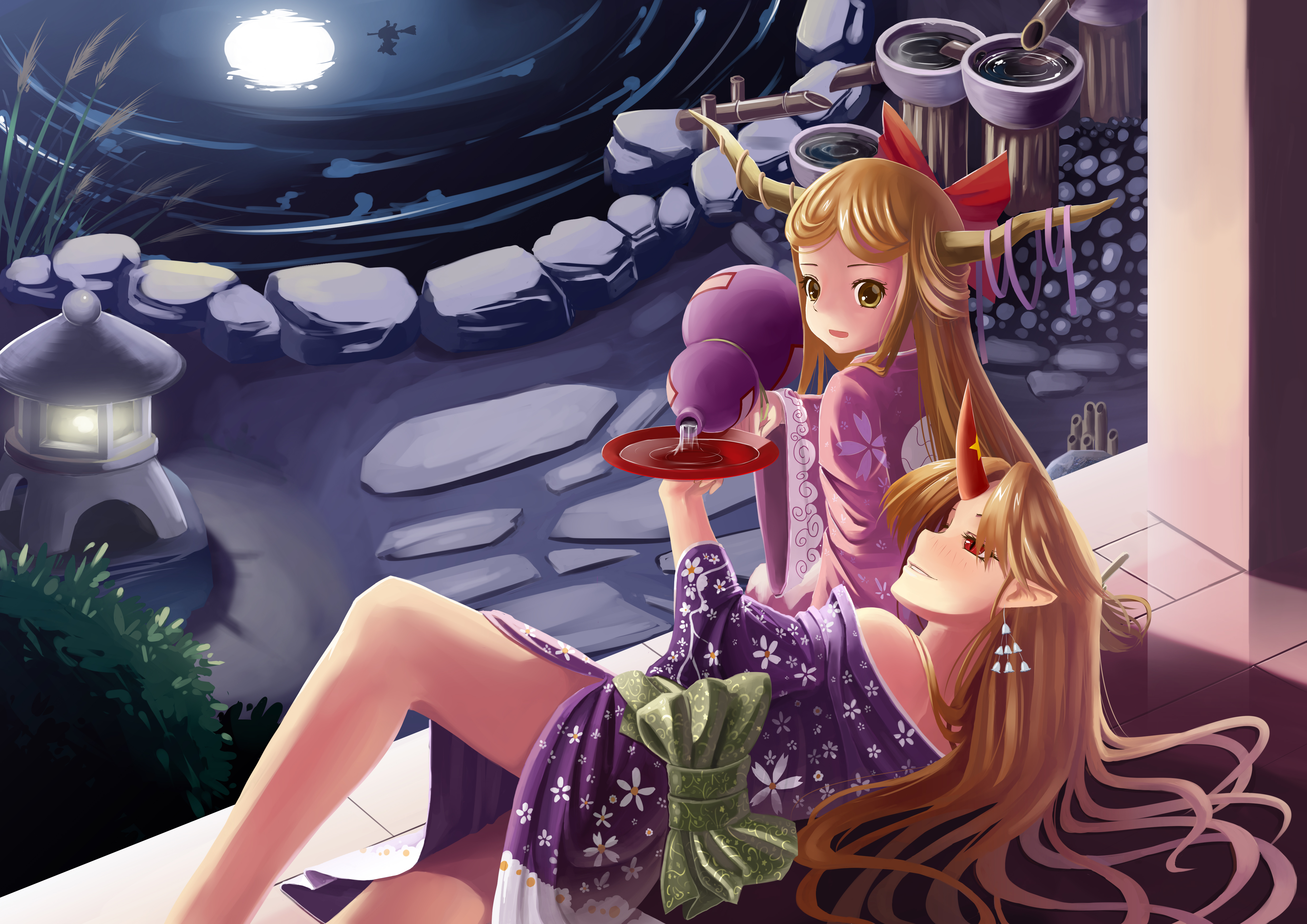 majicjiang, hoshiguma yuugi, ibuki suika, kirisame marisa, touhou, absurdres, highres, 2girls, alcohol, blonde hair, bow, cup, female focus, full moon, gourd, hair bow, horns, japanese clothes, kimono, knee up, long hair, lying, moon, moon reflection, multiple girls, night, off shoulder, on side, outdoors, pointy ears, red bow, red eyes, reflection, sakazuki, sake, shishi odoshi, single horn, sitting, souzu, stone lantern, veranda, very long hair, water, yellow eyes, yukata