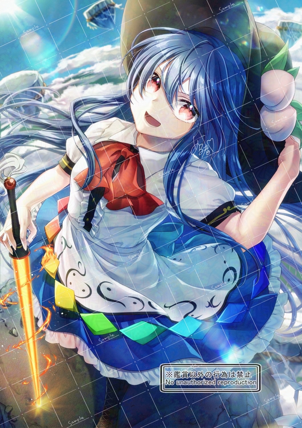 alto2019, hinanawi tenshi, touhou, commentary request, commission, highres, 1girl, apron, black hat, blue hair, blue skirt, blue sky, bow, bowtie, center frills, cloud, day, frilled skirt, frills, fruit hat ornament, hand on headwear, hat, hat ornament, leaf hat ornament, lens flare, long hair, looking at viewer, open mouth, peach hat ornament, puffy short sleeves, puffy sleeves, rainbow order, red bow, red bowtie, red eyes, sample watermark, shirt, short sleeves, signature, skirt, sky, smile, solo, sword of hisou, very long hair, waist apron, watermark, watermark grid, white apron, white shirt