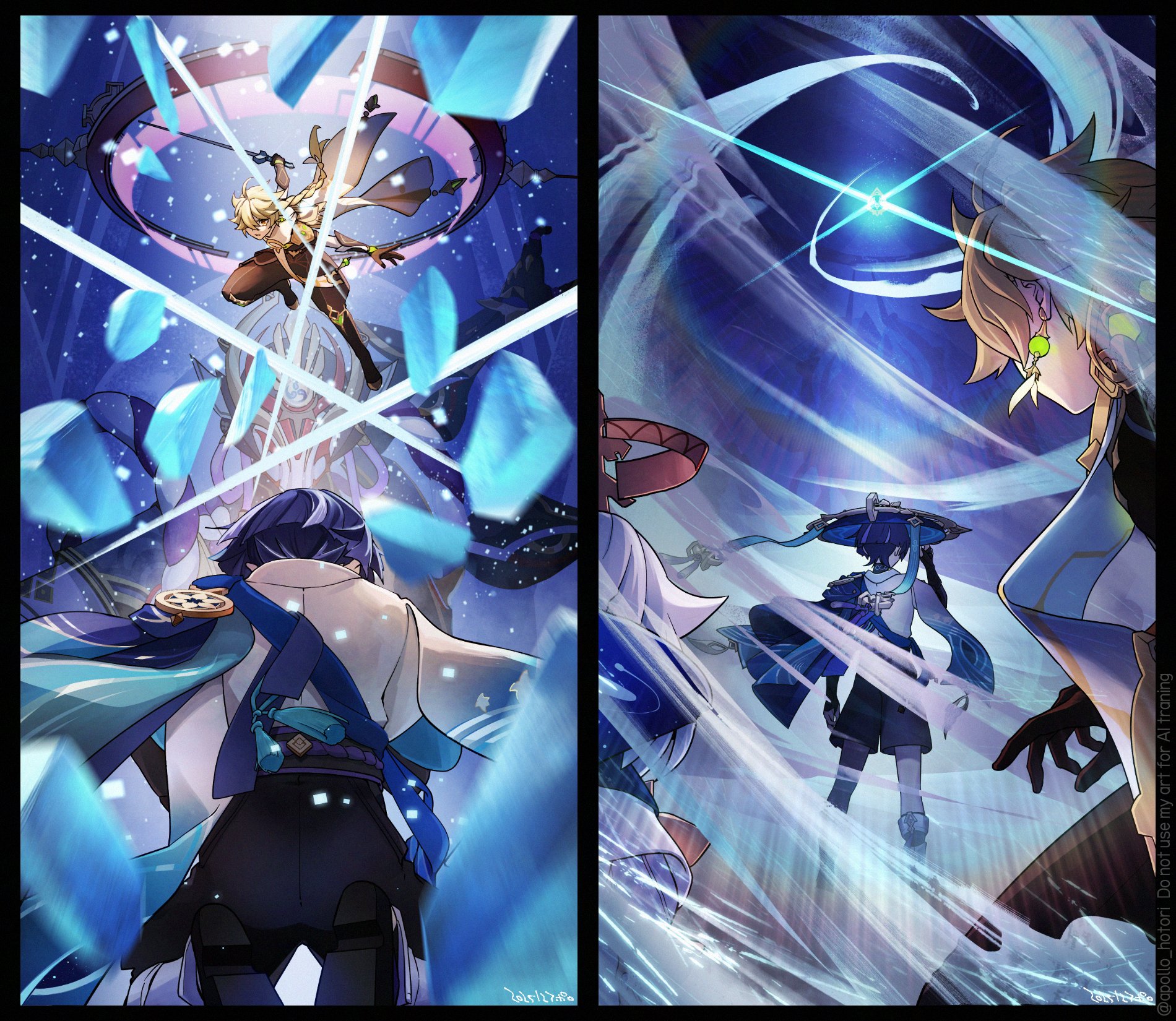 apollo hotori, aether (genshin impact), paimon (genshin impact), scaramouche (genshin impact), scaramouche (shouki no kami) (genshin impact), wanderer (genshin impact), genshin impact, highres, 1girl, 2boys, ahoge, anemo symbol (genshin impact), animal print, aqua gemstone, armor, belt, bird print, black belt, black pants, black sandals, black shorts, blonde hair, blue cape, blue hat, blunt ends, braid, cape, capelet, clenched hand, dated, debris, dual persona, dull blade (genshin impact), earrings, facing another, feather earrings, feathers, floating gem, furisode, gem, glint, glowing gem, gold, gold trim, green gemstone, hair over one eye, halo, hat, holding, holding sword, holding weapon, indoors, japanese clothes, jewelry, jingasa, kimono, kneeling, leg warmers, long hair, looking at another, low-braided long hair, low-tied long hair, mecha, mechanical halo, multiple boys, open hand, pants, pauldrons, purple hair, purple halo, purple rope, purple sash, red halo, robot, romper, rope, sandals, sash, scarf, scene reference, shorts, shoulder armor, silhouette, single pauldron, slashing, standing, sword, tassel, vambraces, vision (genshin impact), weapon, white capelet, white hair, white kimono, white leg warmers, white romper, white scarf, white sleeves, wind, yellow eyes, zouri