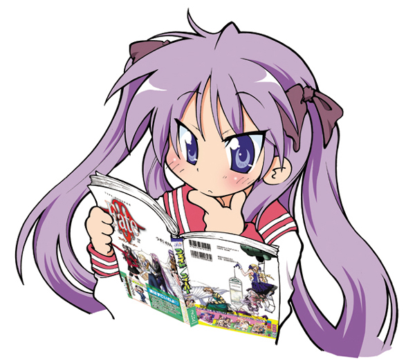 usuiken, hiiragi kagami, fate/stay night, fate (series), lucky star, bad id, bad pixiv id, 00s, blue eyes, blush, book, book focus, comic, hair ribbon, homurabara academy school uniform, long hair, manga (object), purple hair, reading, ribbon, school uniform, serafuku, simple background, solo, tsurime, twintails