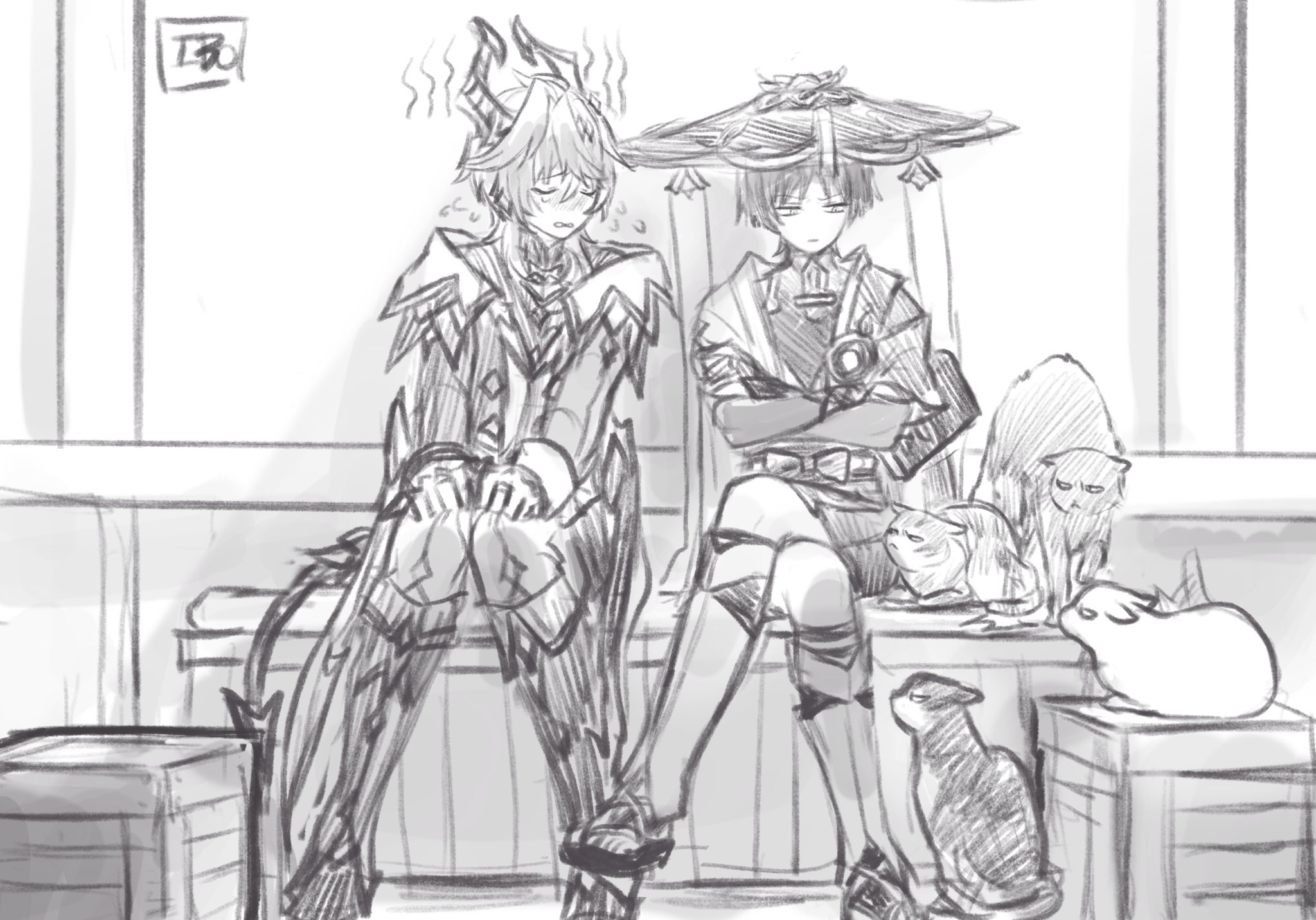 49ibo240, mini durin (genshin impact), mini durin (human) (genshin impact), scaramouche (genshin impact), wanderer (genshin impact), genshin impact, highres, 2boys, armor, artist name, belt, blunt ends, blush, bodysuit, boots, bow, bridal gauntlets, cape, cat, chest jewel, closed eyes, closed mouth, coat, crate, crossed arms, crossed bangs, crossed legs, dragon boy, dragon horns, dragon tail, dragon wings, facing another, flying sweatdrops, gem, greyscale, hair between eyes, hakama, hakama shorts, hand on own arm, hands on own knees, hat, heart-shaped gem, horns, japanese armor, japanese clothes, jingasa, kimono, knee boots, knees together feet apart, kote, leg warmers, long sleeves, looking at animal, low wings, middle ring, monochrome, multiple boys, open clothes, open coat, open kimono, pants, parted lips, rope, shorts, shoulder peek, sitting, sketch, tail, tsurime, vest, vision (genshin impact), wings, wispy bangs