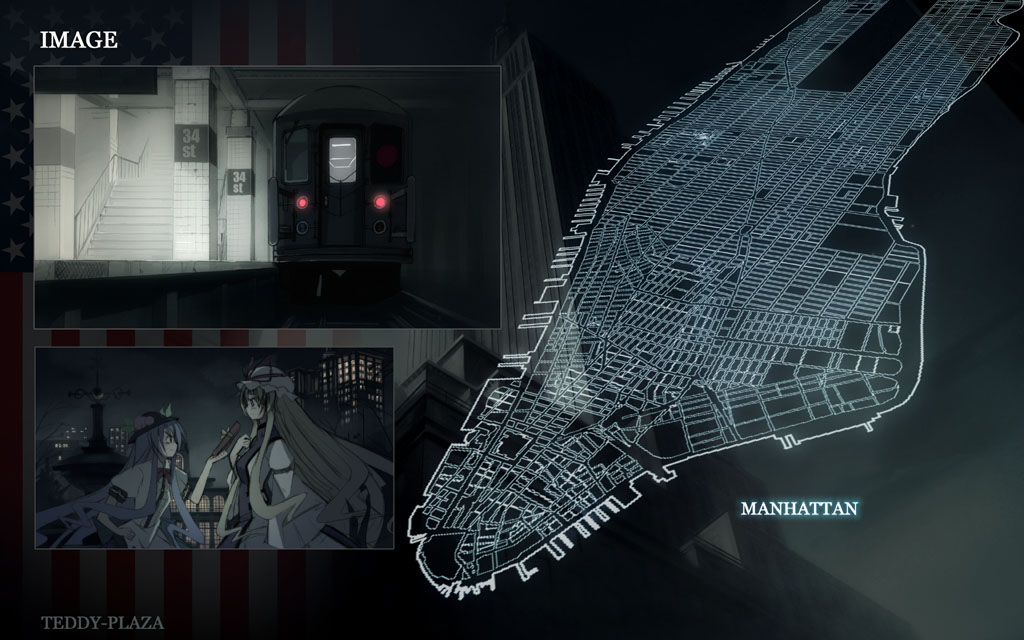 seo tatsuya, hinanawi tenshi, yakumo yukari, touhou, jpeg artifacts, 2girls, building, female focus, gift, hat, long hair, manhattan, map, multiple girls, multiple unit train, new york city, skyscraper, subway, train, train station, united states, very long hair