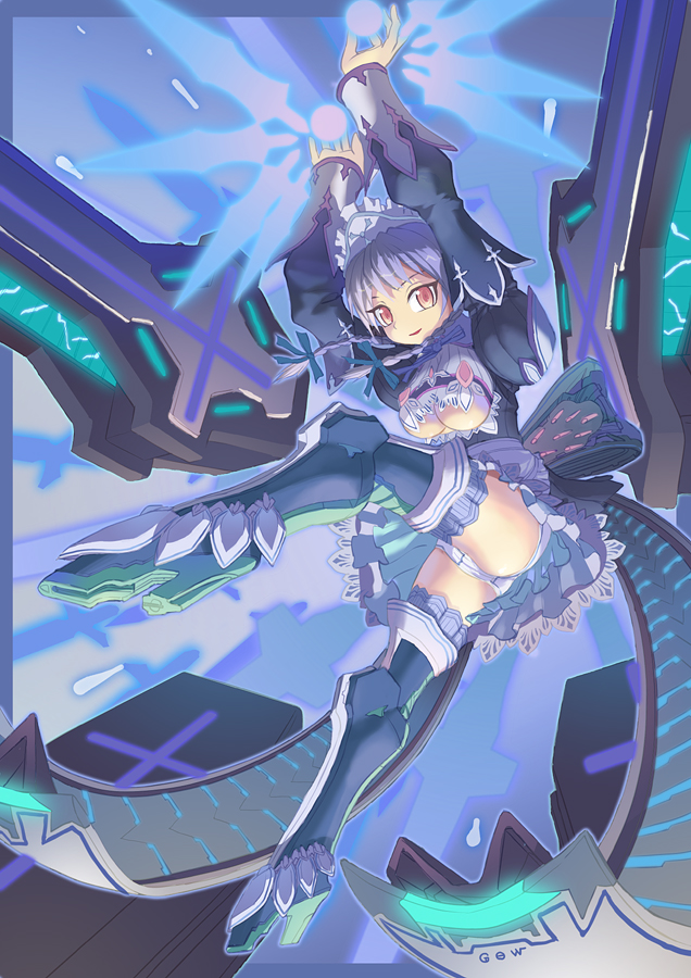 tougetsu gou, izayoi sakuya, touhou, silver hair, bad id, bad pixiv id, 1girl, boots, braid, breasts, cameltoe, female focus, full body, hairband, panties, science fiction, short hair, skirt, solo, thigh boots, thighhighs, twin braids, underboob, underwear, yellow eyes