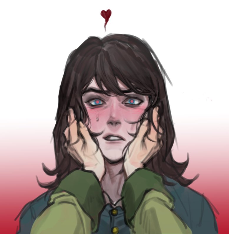 abaddon (haunted hotel), esther freeling, haunted hotel, commentary request, korean commentary, 1boy, 1girl, blue eyes, blush, brown hair, gradient background, hands on another's cheeks, hands on another's face, heart, hetero, long hair, looking at viewer, parted lips, pov, red background, red pupils, rickorty 08, upper body, white background
