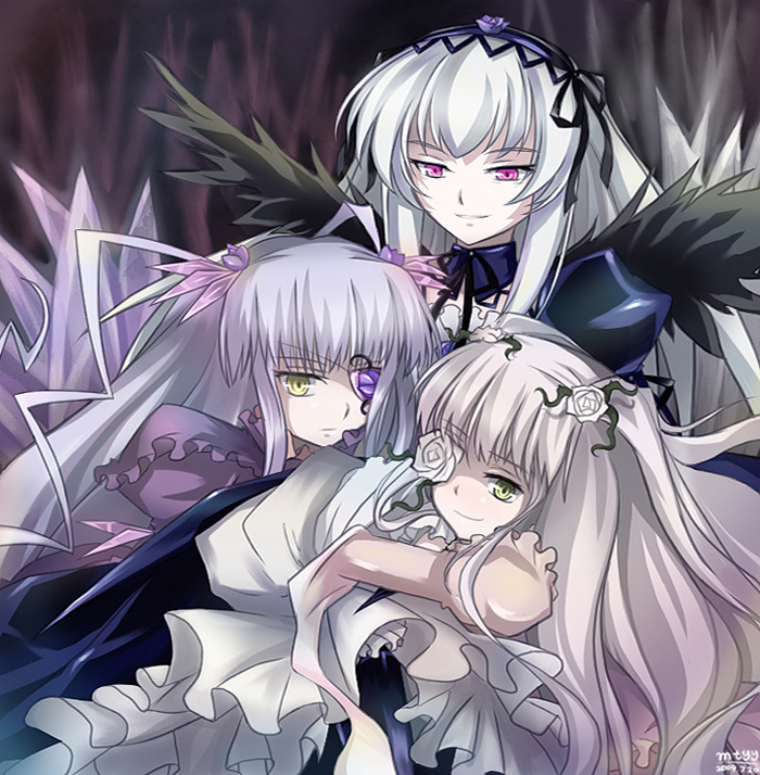 mtyy, barasuishou, kirakishou, suigintou, rozen maiden, silver hair, 00s, 3girls, dress, eyepatch, flower, girl sandwich, hairband, hug, multiple girls, pink eyes, pink hair, purple hair, rose, sandwiched, smile, twintails, two side up, wings, yellow eyes