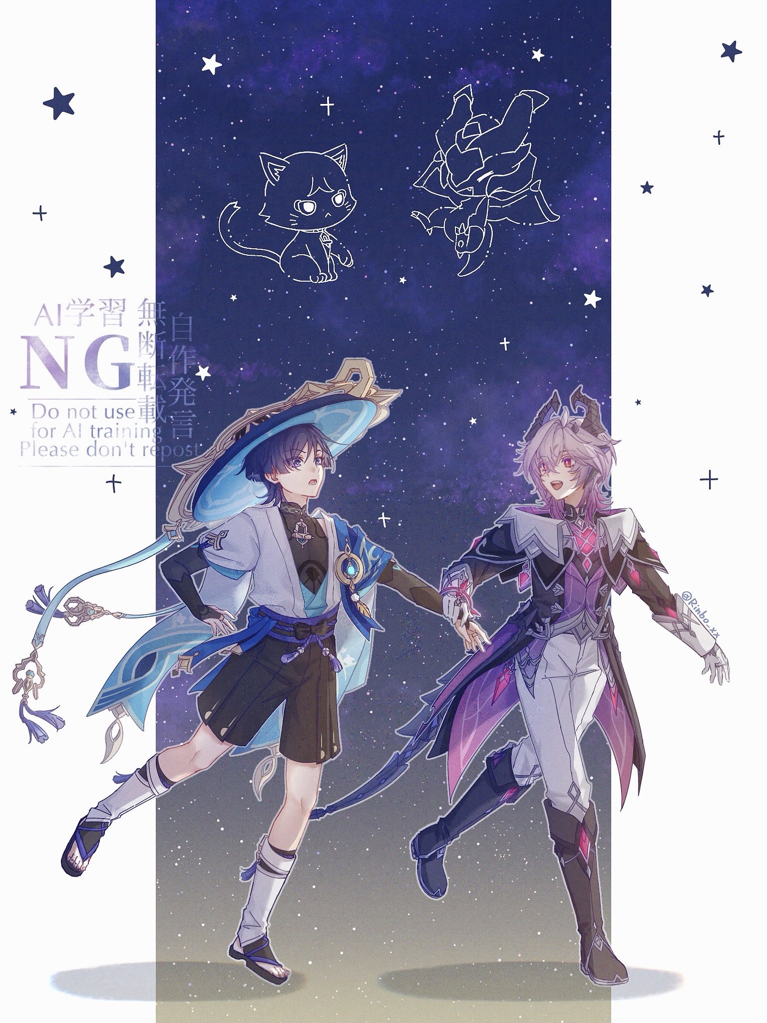 rinbo 7140, mini durin (dragon) (genshin impact), mini durin (genshin impact), mini durin (human) (genshin impact), scaramouche (cat) (genshin impact), scaramouche (genshin impact), wanderer (genshin impact), genshin impact, highres, 2boys, animal print, animalization, armor, arms at sides, belt, bird print, black belt, black bodysuit, black boots, black bow, black bridal gauntlets, black coat, black hair, black horns, black sandals, black shirt, black shorts, black sleeves, black tail, blue cape, blue gemstone, blue hat, blue kimono, blue sleeves, blunt ends, bodysuit, boots, bow, bridal gauntlets, bright pupils, cape, chest jewel, coat, coattails, collar, constellation, crossed bangs, dragon boy, dragon horns, dragon tail, dragon wings, feathers, full body, furisode, gem, gloves, glowing gem, gold, gold ring, hair between eyes, hakama, hakama shorts, hat, heart-shaped gem, holding another's wrist, horns, japanese armor, japanese clothes, jingasa, juban, kimono, knee boots, kote, kurokote, layered sleeves, leg warmers, long sleeves, looking at another, low wings, lower teeth only, mandarin collar, middle ring, multiple boys, open clothes, open coat, open kimono, open mouth, pants, person and animalization, pink hair, pleated shorts, pom pom (clothes), pulling, purple eyes, purple horns, purple rope, purple sash, purple vest, purple wings, red eyes, red gemstone, rope, sandals, sash, shirt, short sleeves, shorts, shoulder peek, star (sky), starry sky background, tail, tassel, teeth, toenails, toes, twitter username, two-sided horns, undershirt, vest, white collar, white gloves, white kimono, white leg warmers, white pants, white pupils, white sleeves, white trim, wings, yellow feathers, zouri