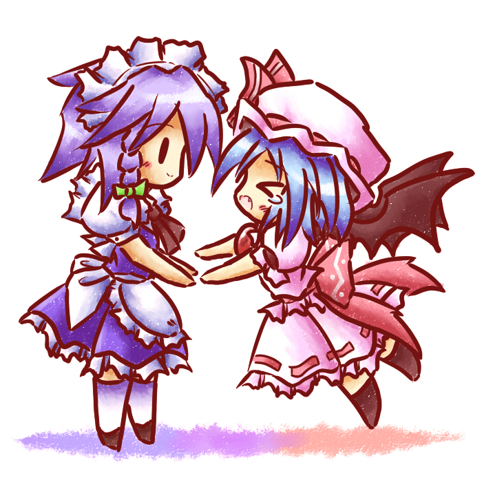 tilde (ice cube), izayoi sakuya, remilia scarlet, touhou, bad id, bad pixiv id, > <, 2girls, bat wings, blue hair, chibi, closed eyes, female focus, full body, hairband, hat, maid, multiple girls, purple hair, short hair, white background, wings