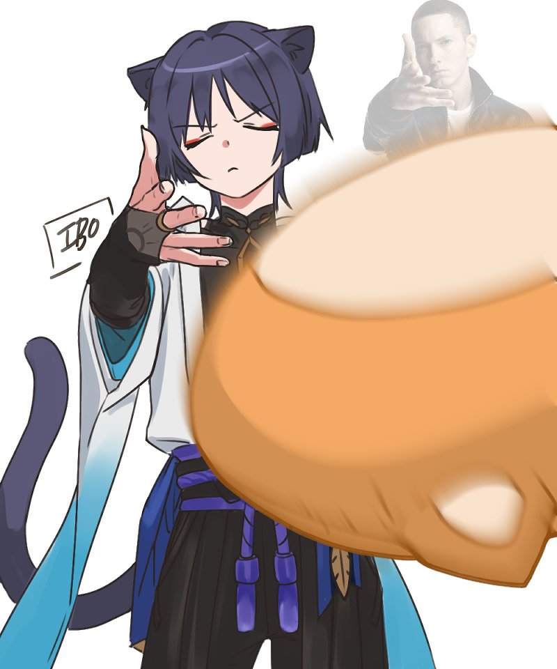 49ibo240, scaramouche (genshin impact), wanderer (genshin impact), genshin impact, character request, 2boys, animal ears, armor, artist name, belt, black belt, black bridal gauntlets, black hair, black shorts, blue sleeves, blunt ends, bridal gauntlets, cat boy, cat ears, cat tail, closed eyes, closed mouth, covered collarbone, cowboy shot, eyeliner, eyeshadow, facing viewer, feathers, fingernails, frown, furisode, gold ring, hakama, hakama shorts, hand up, head tilt, japanese armor, japanese clothes, kimono, kote, kurokote, layered sleeves, makeup, male focus, mandarin collar, meme, middle ring, motion blur, multiple boys, open hand, pleated shorts, purple rope, purple sash, red eyeliner, red eyeshadow, rope, sash, short sleeves, shorts, shoulder peek, tail, tassel, tossing, white background, white kimono, white sleeves, wispy bangs, woe plague be upon ye (meme), yellow feathers