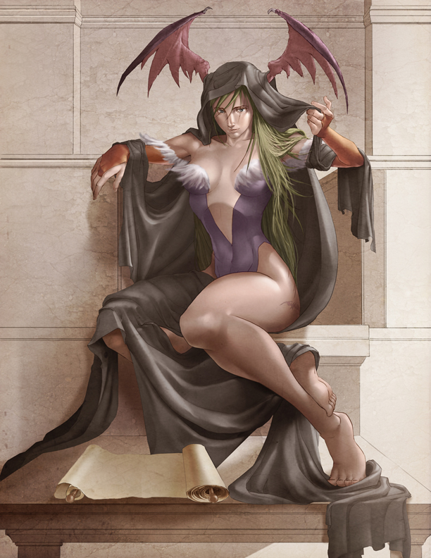 morrigan aensland, capcom, darkstalkers, bat wings, blue eyes, breasts, center opening, cleavage, demon girl, green hair, head wings, wings