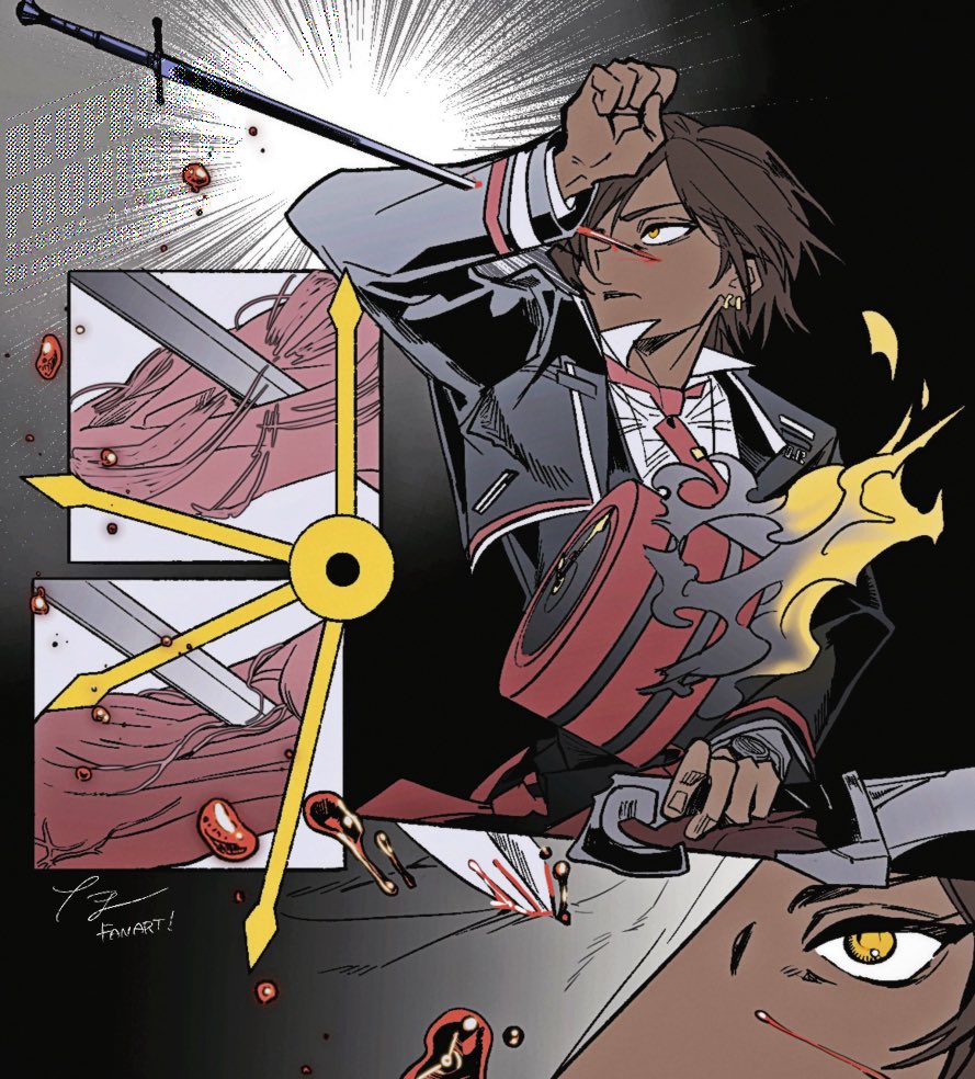 tama launcher, dante (limbus company), outis (project moon), limbus company, project moon, commentary, 1girl, 1other, arm up, black jacket, blood, brown hair, clock, clock hands, cropped jacket, exposed muscle, flaming head, jacket, object head, orange eyes, protecting, regeneration, stab, sword, weapon