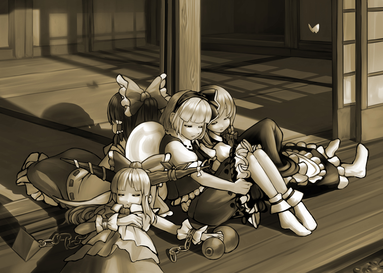 hijiri (pixiv), hijirisu (spity), hakurei reimu, ibuki suika, kirisame marisa, konpaku youmu, konpaku youmu (ghost), touhou, 4girls, closed eyes, female focus, hitodama, monochrome, multiple girls, sleeping