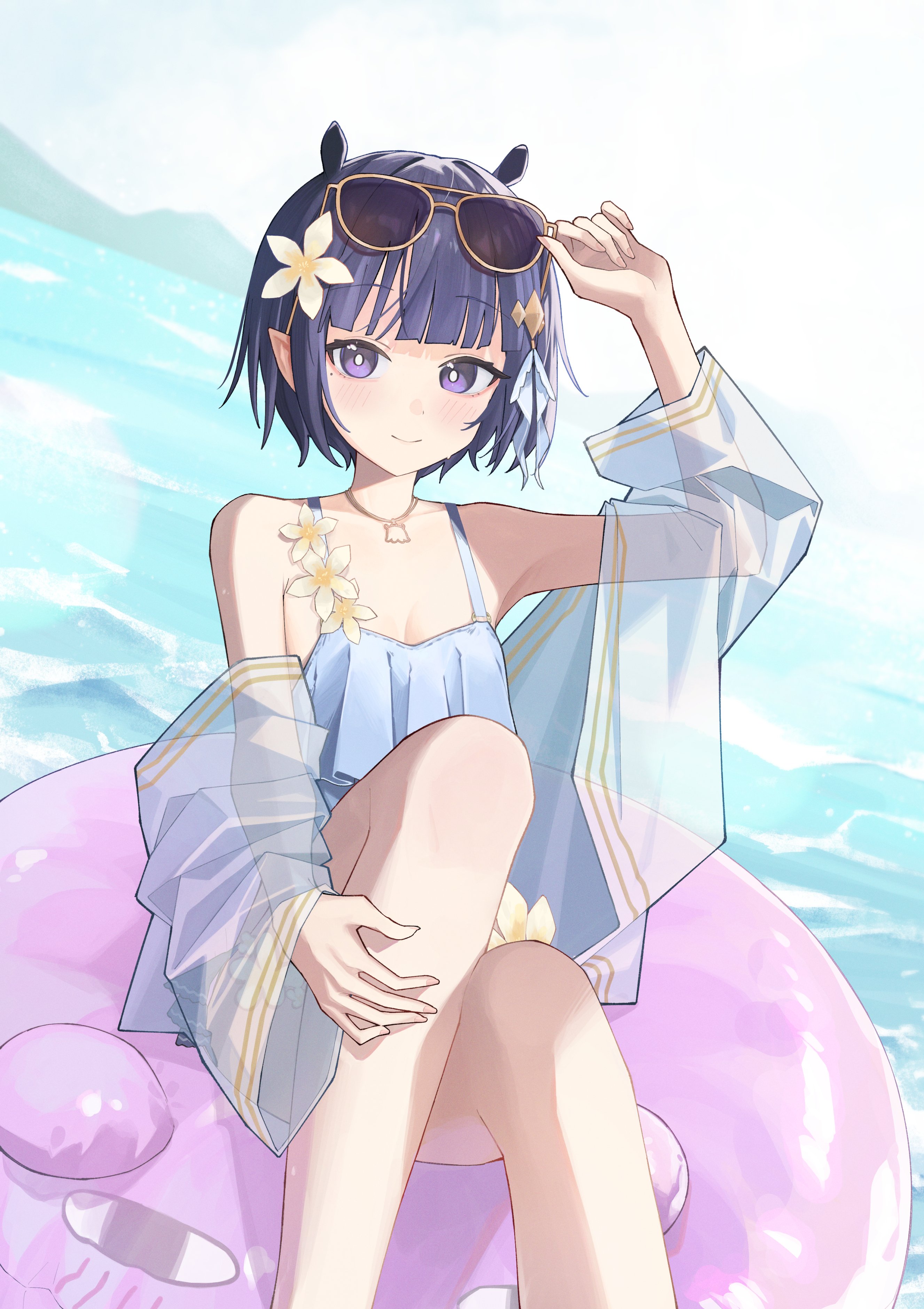 plumeria, umiikuru, ninomae ina'nis, ninomae ina'nis (holonatsu paradise), takodachi (ninomae ina'nis), hololive, hololive english, holomyth, holonatsu paradise, absurdres, commentary, english commentary, highres, 1girl, afloat, animal ears, arm up, armpit crease, aviator sunglasses, bare legs, bare shoulders, bikini, blunt bangs, blush, breasts, bright pupils, choppy bangs, cleavage, closed mouth, cloud, collarbone, day, diamond hair ornament, eyewear on head, feet out of frame, flower, flower thigh strap, frilled bikini, frills, grey bikini, hair flower, hair ornament, holding, holding removed eyewear, innertube, innertube with ears, jacket, jewelry, legs, legs together, looking at viewer, mole, mole under eye, mountain, mountainous horizon, necklace, ocean, official alternate costume, official alternate hair length, official alternate hairstyle, on innertube, outdoors, oversized clothes, pointy ears, purple eyes, purple hair, raised eyebrows, sarong, see-through clothes, see-through jacket, see-through sarong, short hair, sidelocks, sitting, sky, small breasts, smile, solo, sunglasses, swim ring, swimsuit, unworn eyewear, virtual youtuber, water, water drop, waves, white pupils