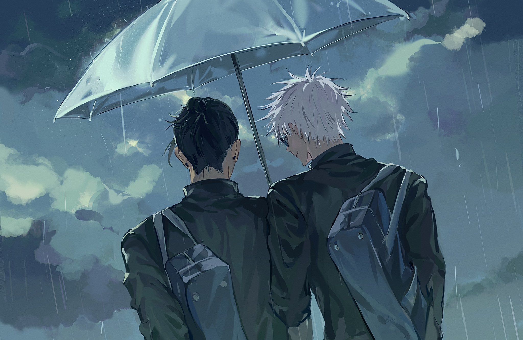 99round, getou suguru, gojou satoru, jujutsu kaisen, hashtag-only commentary, highres, 2boys, bag, black hair, closed mouth, cloud, ear piercing, from behind, glasses, hair bun, holding, holding umbrella, jujutsu tech uniform, male focus, multiple boys, piercing, plug (piercing), rain, round eyewear, school bag, shared umbrella, short hair, shoulder bag, transparent, transparent umbrella, umbrella, upper body, white hair
