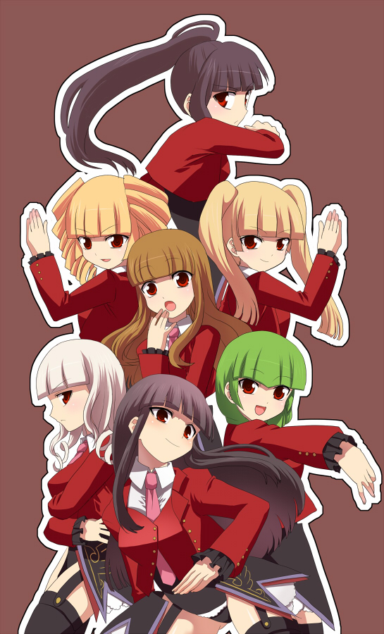 aro, asmodeus (umineko), beelzebub (umineko), belphegor (umineko), leviathan (umineko), lucifer (umineko), mammon (umineko), satan (umineko), stakes of purgatory, umineko no naku koro ni, uniform, bad id, bad pixiv id, 00s, 6+girls, black hair, blonde hair, blunt bangs, long hair, long sleeves, looking at viewer, multiple girls, necktie, outstretched arms, pink necktie, ponytail, red eyes, short hair, twintails, very long hair