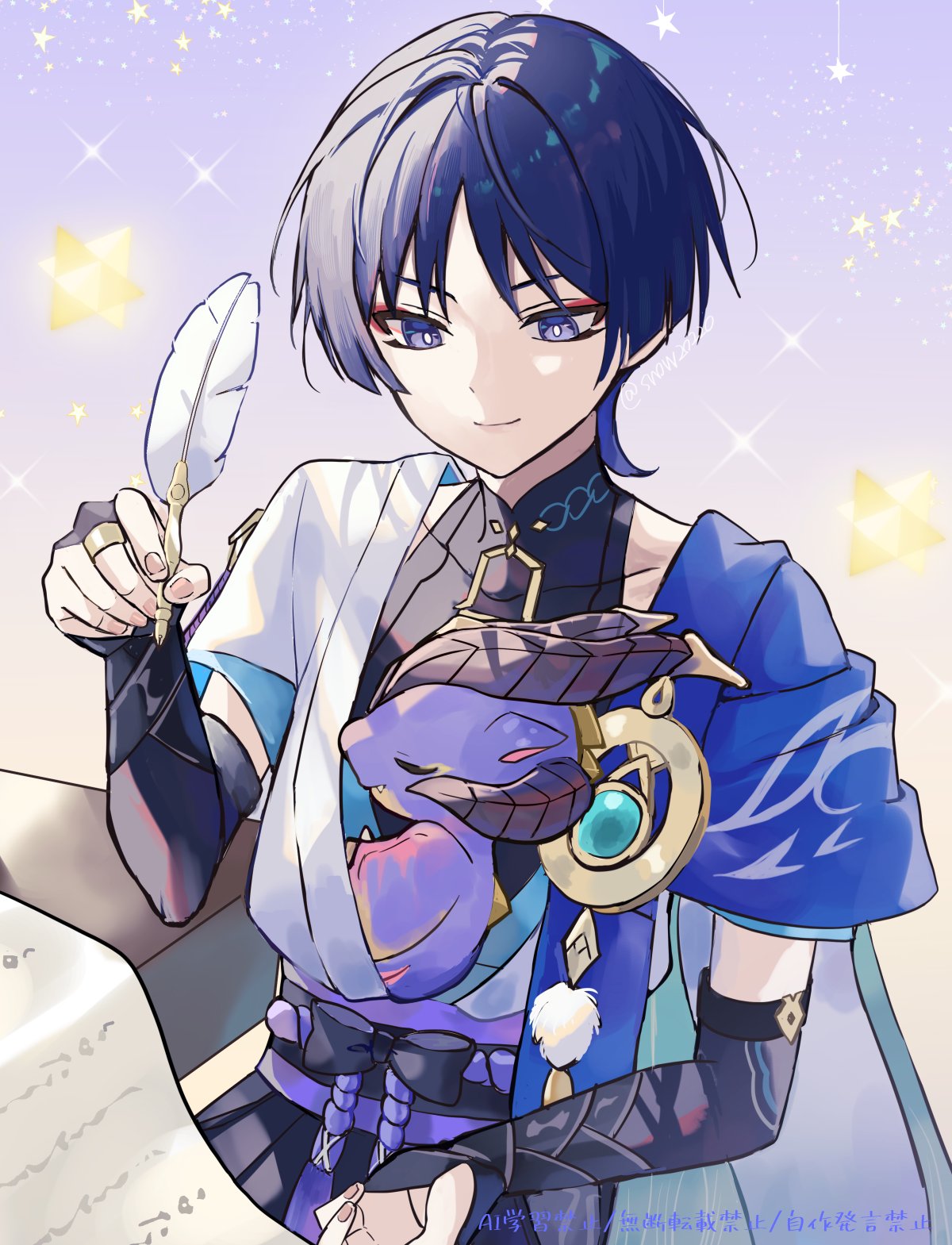 snow20200, mini durin (dragon) (genshin impact), mini durin (genshin impact), scaramouche (genshin impact), wanderer (genshin impact), genshin impact, highres, 1boy, aqua gemstone, armor, belt, black belt, black bodysuit, black bow, black bridal gauntlets, black shorts, blue cape, blue kimono, blue sleeves, blunt ends, bodysuit, bow, bridal gauntlets, bright pupils, cape, closed mouth, covered collarbone, dragon, elbow rest, eyeliner, eyeshadow, feathers, gem, gold, gold ring, hair intakes, hand up, holding, holding quill, japanese armor, japanese clothes, juban, kimono, kote, kurokote, layered sleeves, looking at another, makeup, mandarin collar, middle ring, open clothes, open kimono, paper, pink background, pink nails, pom pom (clothes), purple eyes, purple rope, purple sash, purple sky, quill, red eyeliner, red eyeshadow, rope, sash, short sleeves, shorts, shoulder peek, sky, sleeping, small dragon, smile, star (sky), starry sky background, table, tsurime, twitter username, vision (genshin impact), watermark, white kimono, white pupils, white sleeves, white trim, wispy bangs, yellow feathers