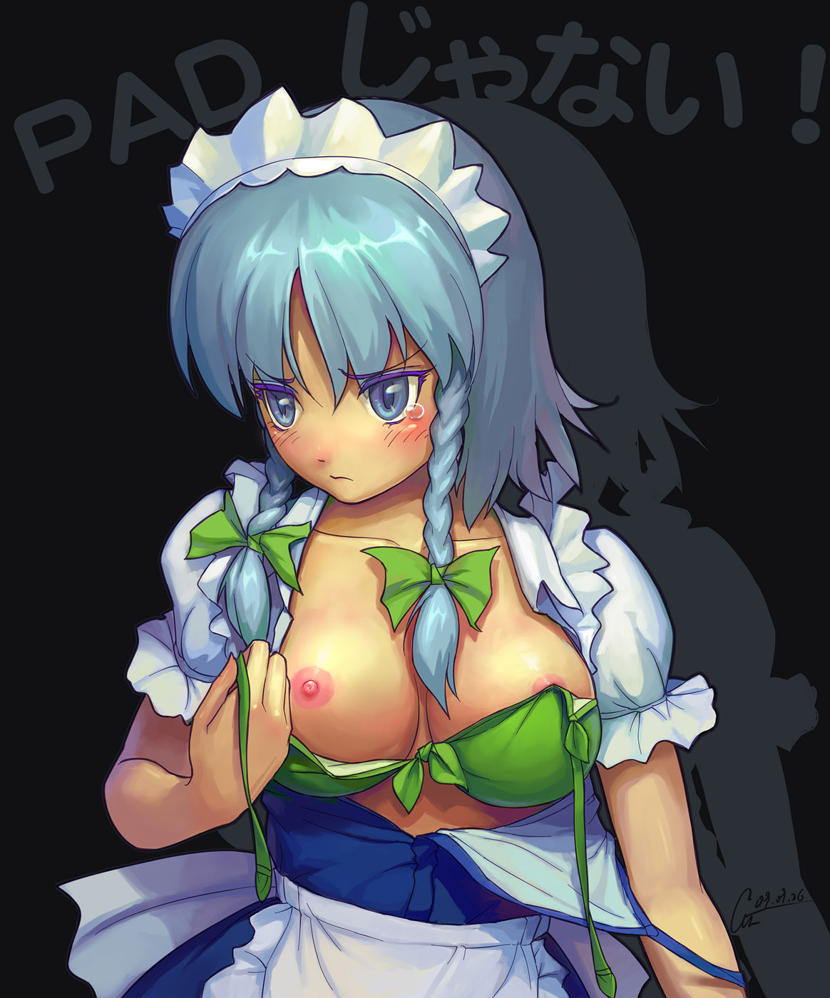 yu li, izayoi sakuya, touhou, bad id, bad pixiv id, highres, 1girl, apron, blue hair, blush, bow, bra, braid, breasts, female focus, lingerie, maid, maid apron, medium breasts, nipples, short hair, solo, tears, twin braids, underwear
