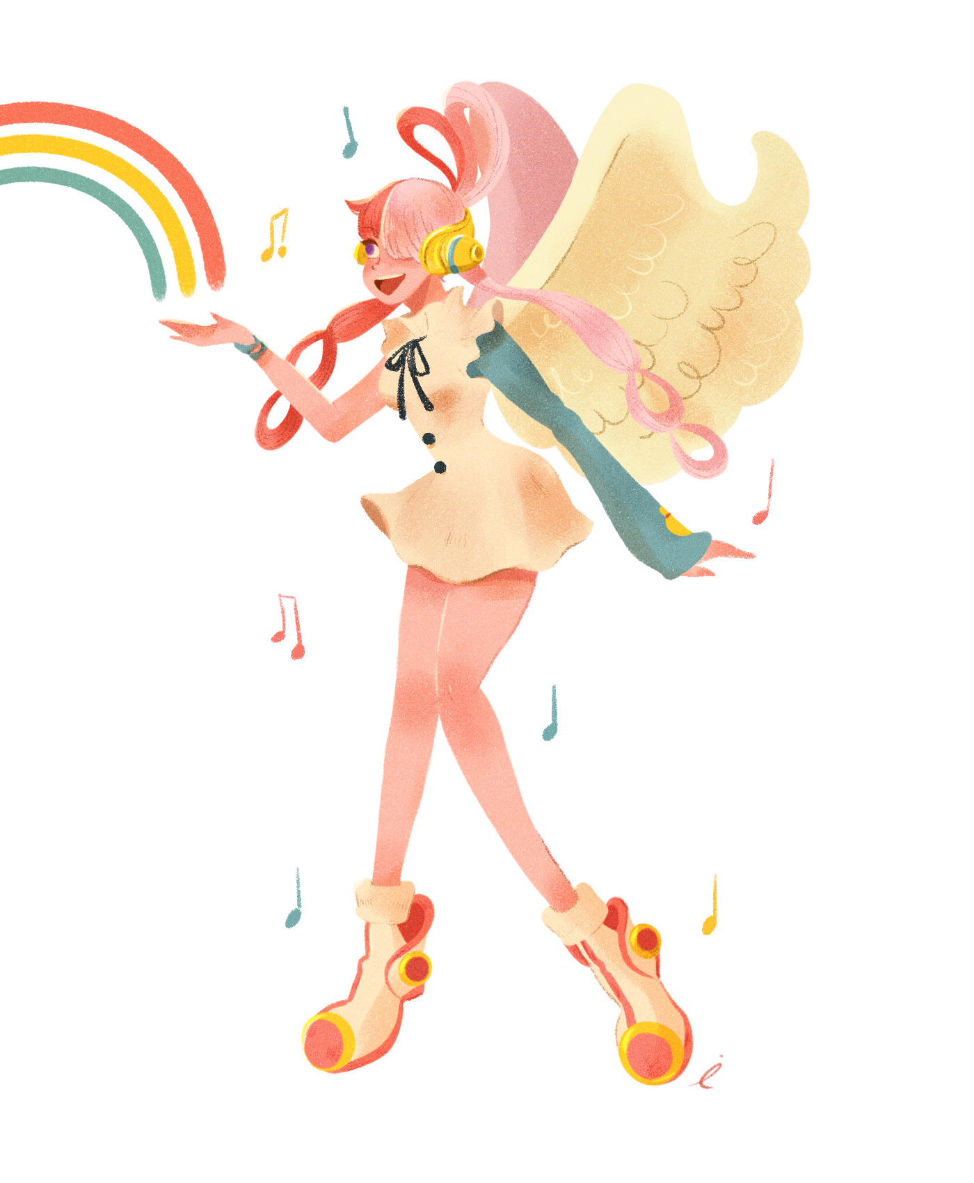 risasfanart, uta (one piece), one piece, one piece film: red, commentary, highres, 1girl, blue gloves, boots, dress, gloves, hair over one eye, headphones, multicolored hair, musical note, pink wings, purple eyes, rainbow, red hair, smile, solo, twintails, two-tone hair, white background, white dress, white hair, white wings, wings