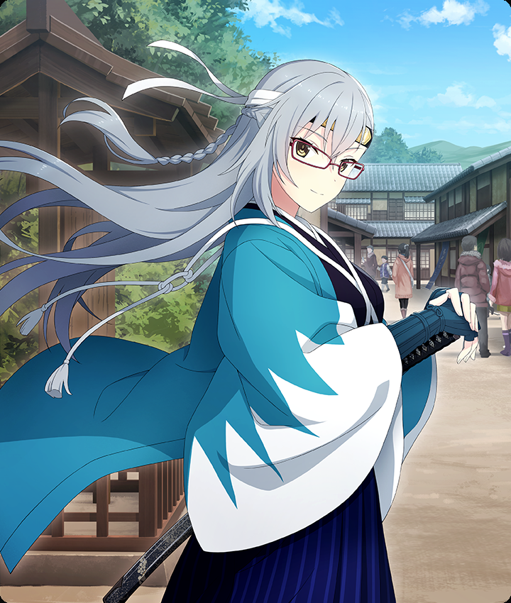 kitora mirja, toji no miko, toji no miko: kizamishi issen no tomoshibi, game cg, official art, third-party source, 1boy, 5girls, architecture, armor, blue haori, blue sky, braid, closed mouth, cloud, day, east asian architecture, faceless, faceless female, from side, glasses, grey hair, half up braid, haori, headband, japanese armor, japanese clothes, katana, kote, long hair, looking at viewer, looking to the side, multiple girls, outdoors, purple-framed eyewear, sheath, sheathed, shinsengumi, sky, smile, solo focus, sword, two-tone haori, weapon, white haori, white headband, yellow eyes