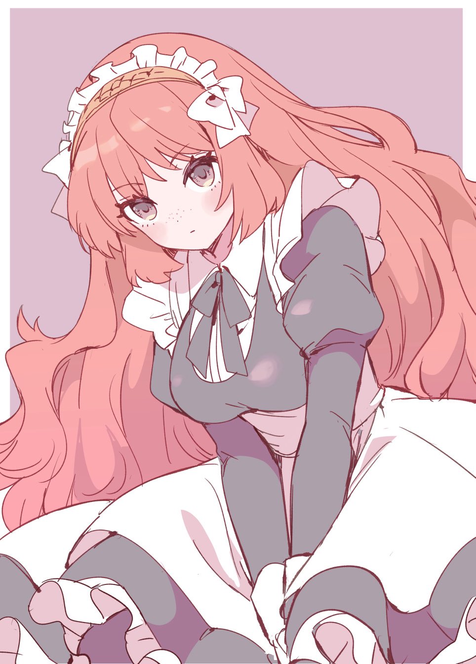 marbornath, ishmael (project moon), limbus company, project moon, highres, 1girl, apron, black ribbon, breasts, brown hairband, dress, frilled dress, frills, hairband, long hair, looking at viewer, maid, maid apron, maid headdress, medium breasts, neck ribbon, orange hair, ribbon, rope, sidelocks, solo, very long hair, wavy hair, white apron