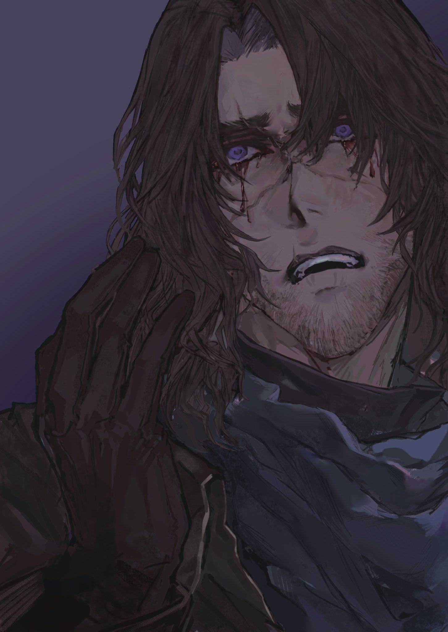 erlking heathcliff (project moon), limbus company, project moon, highres, 1boy, andrewcoffee, beard, black scarf, blood, bloody tears, brown coat, brown gloves, brown hair, coat, cross scar, facial hair, gloves, hand up, hands up, long sleeves, looking up, open mouth, purple background, purple eyes, scar, scar on face, scarf, simple background, solo