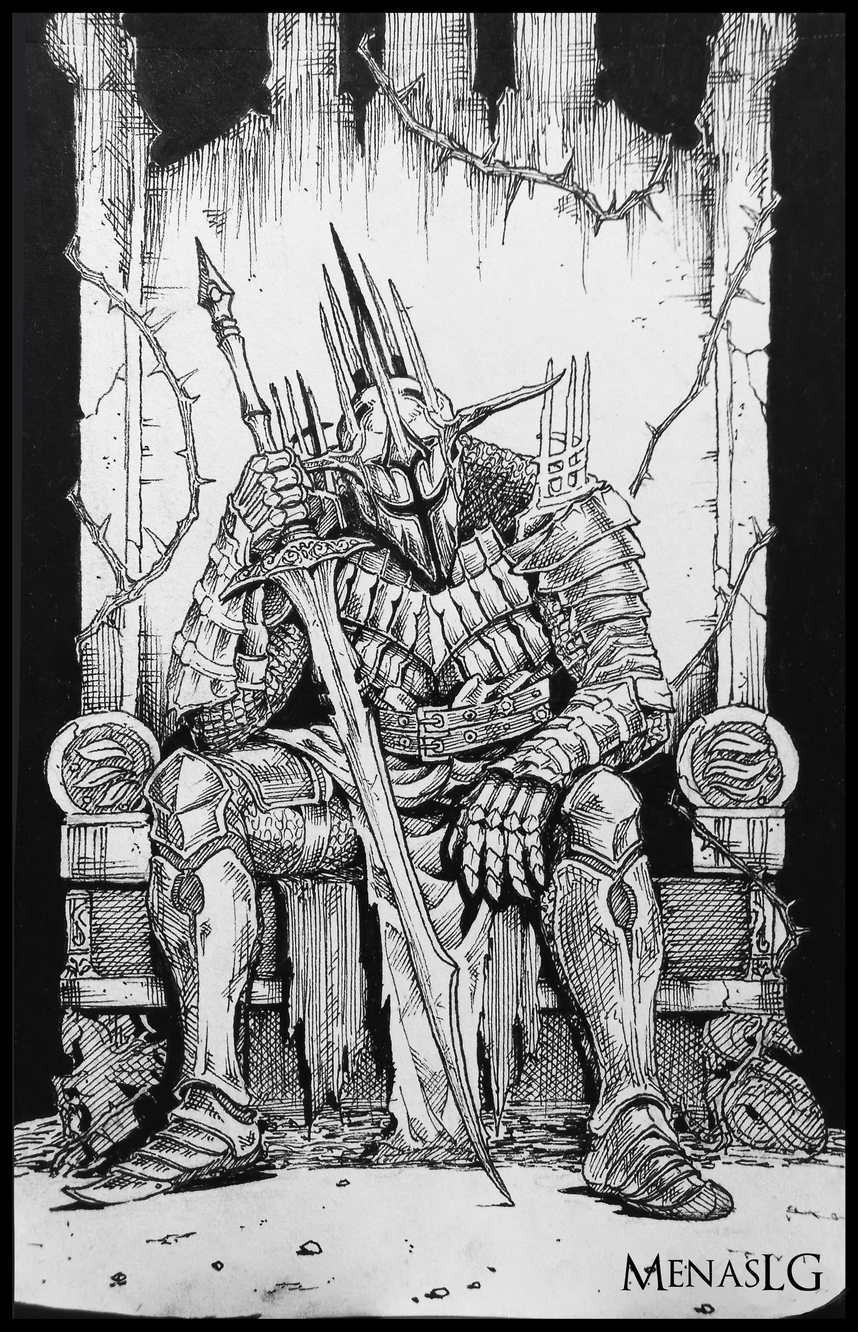 menaslg, dark souls (series), dark souls ii, absurdres, commentary, highres, 1boy, arm on knee, armor, armored boots, artist name, aurous (dark souls), belt, black border, boots, border, breastplate, full armor, full body, gauntlets, greaves, greyscale, hand up, helmet, holding, holding sword, holding weapon, knight, loincloth, looking down, male focus, monochrome, pauldrons, shoulder armor, sitting, sitting on throne, solo, spiked helmet, spiked pauldrons, spikes, sword, thorns, throne, weapon