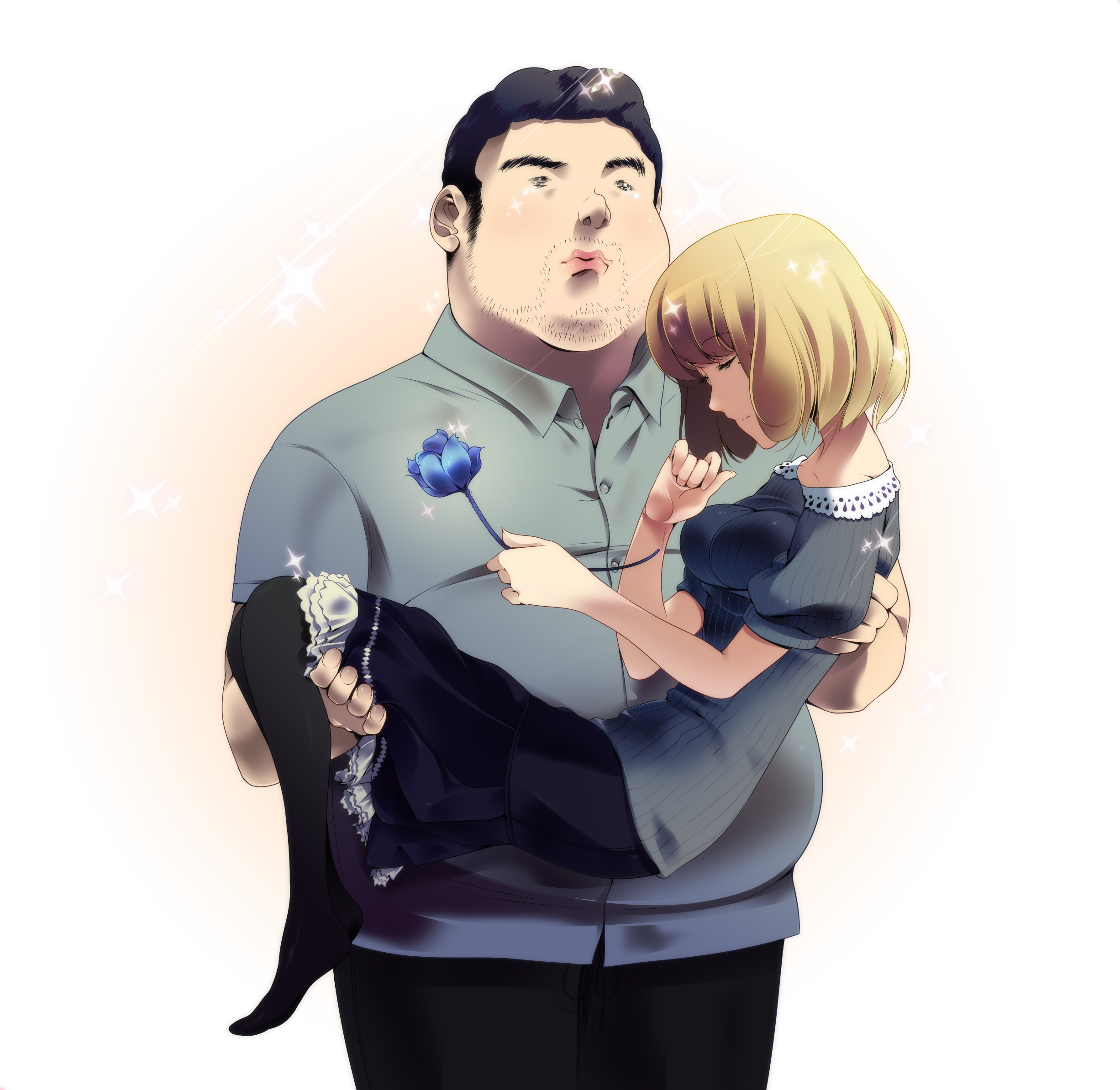 dragonmaterial, aoki yuriko, nakai takuro, nakai takurou, bakuman, highres, 1boy, 1girl, beard stubble, black pantyhose, blonde hair, blue flower, blue rose, carrying, closed eyes, facial hair, fat, fat man, flower, lips, mole, mustache stubble, no shoes, otaku, pantyhose, princess carry, rose, short hair, sideburns stubble, simple background, skirt, stubble, white background