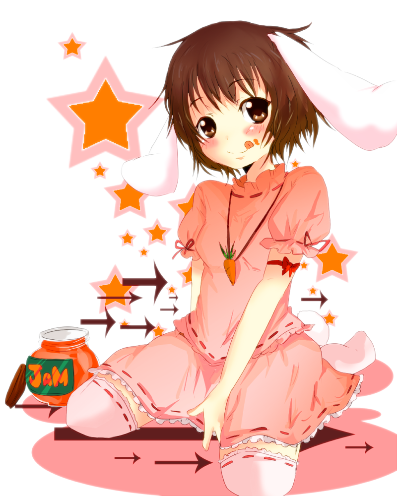 pun2, inaba tewi, touhou, 1girl, adapted costume, animal ears, carrot, female focus, jam, rabbit ears, ribbon-trimmed shirt, ribbon-trimmed skirt, ribbon-trimmed thighhighs, ribbon trim, shirt, short hair, sitting, solo, thighhighs, white background, white thighhighs