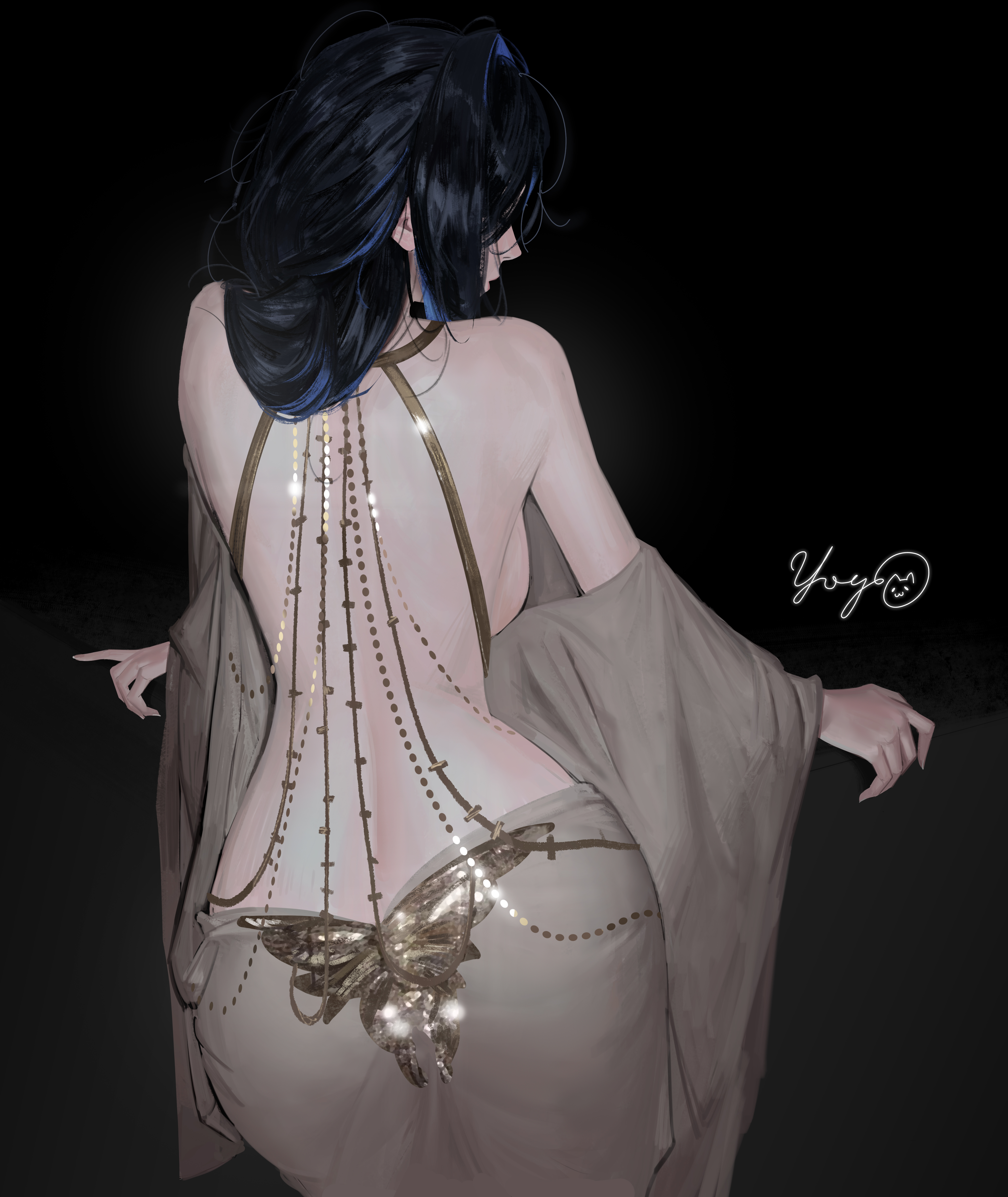 massiveyog, ouro kronii, hololive, hololive english, absurdres, commentary, english commentary, highres, 1girl, ass, back, backboob, black background, black hair, blue hair, breasts, colored inner hair, facing away, from behind, grey shirt, grey skirt, jewelry, large breasts, long hair, long sleeves, multicolored hair, shirt, simple background, skirt, solo, undressing, virtual youtuber