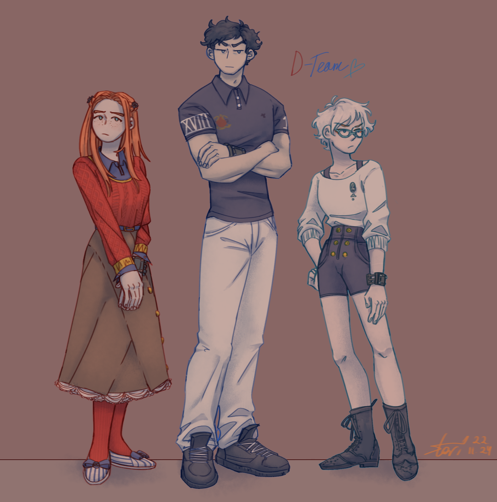 diana (kyokugen dasshutsu), phi (kyokugen dasshutsu), sigma (kyokugen dasshutsu), kyokugen dasshutsu, zero escape: toki no dilemma, commentary, english commentary, highres, 1boy, 2girls, aqua-framed eyewear, black boots, black hair, black shirt, black shoes, black shorts, blue eyes, blue shirt, boots, bow, brooch, brown background, brown skirt, closed mouth, collarbone, collared shirt, crossed arms, dated, fingernails, flower, footwear bow, freckles, full body, glasses, hair flower, hair ornament, hand on own hip, heart, high-waist shorts, jewelry, long hair, long skirt, long sleeves, multiple girls, no sclera, orange hair, own hands together, pants, pantyhose, pelmendraws, red pantyhose, red sweater, roman numeral, shirt, shirt under sweater, shoes, short hair, shorts, signature, simple background, skirt, standing, striped shoes, sweater, very short hair, watch, white hair, white pants, white shirt, wristwatch