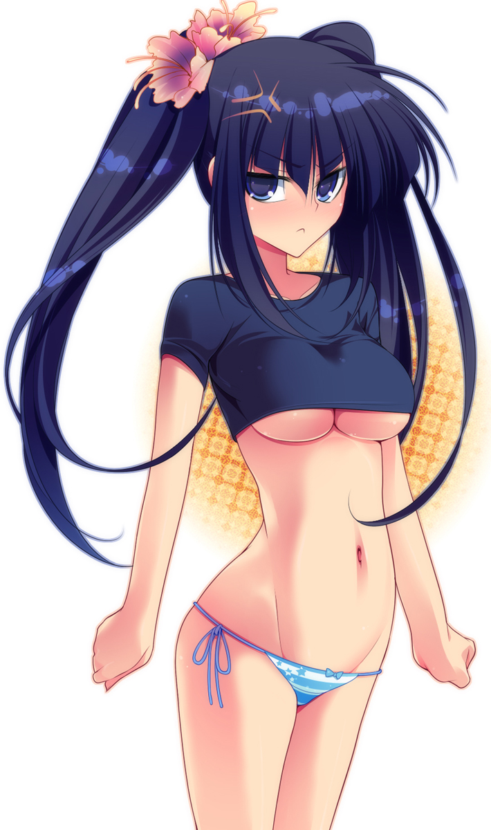 dragonmaterial, highres, 1girl, anger vein, angry, bikini, bikini bottom only, black hair, blue eyes, breasts, crop top, female focus, flower, hair ornament, large breasts, navel, shirt, side-tie bikini bottom, solo, striped bikini, striped clothes, swimsuit, t-shirt, twintails, underboob