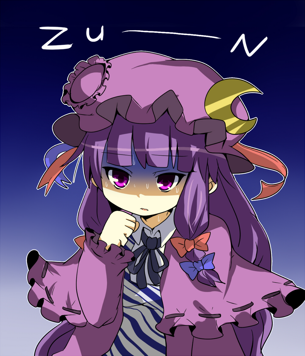 pun2, patchouli knowledge, touhou, 1girl, bow, bowtie, female focus, gloom (expression), gradient background, hair bow, hat, long hair, nervous, purple eyes, purple hair, ribbon, solo, sweat, turn pale