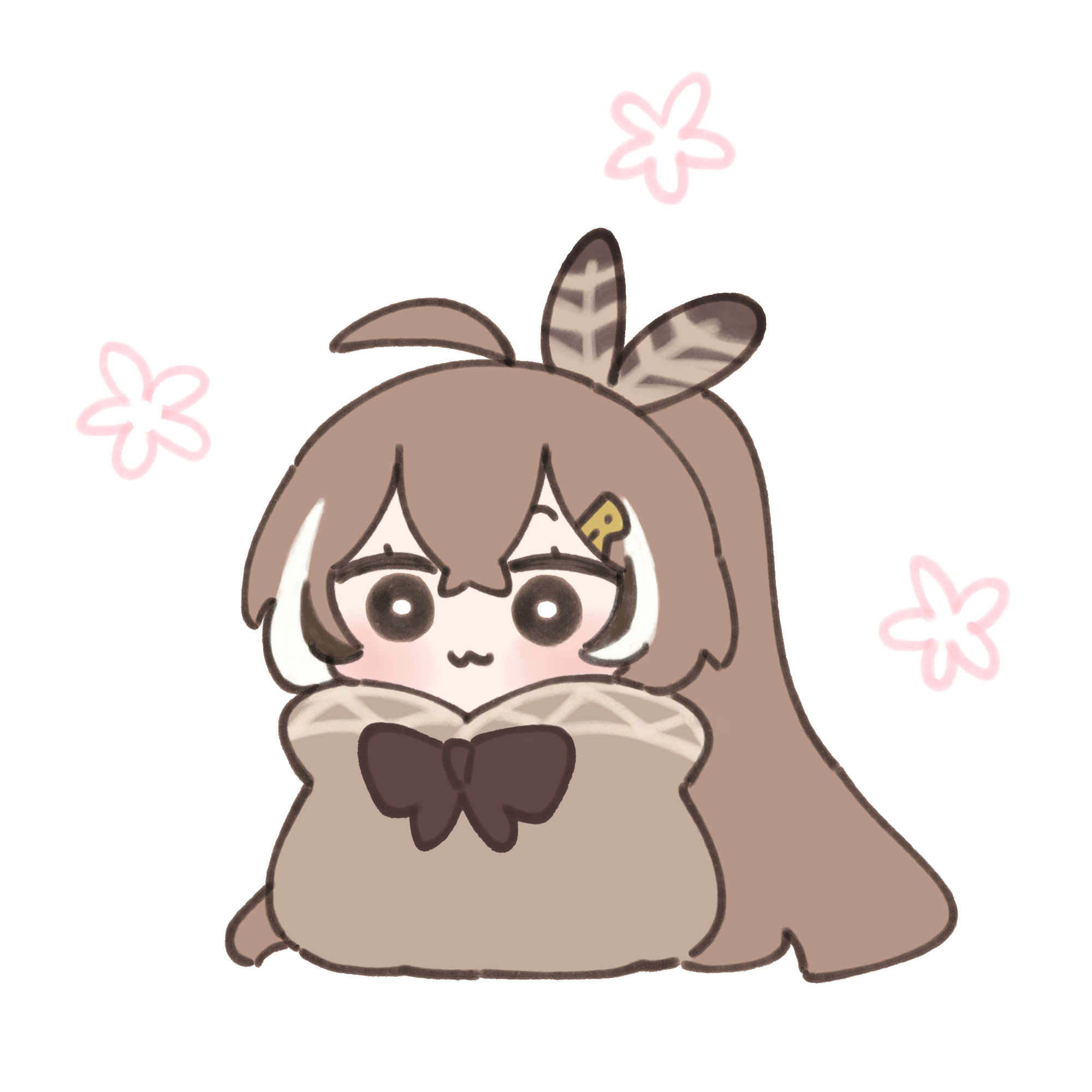 bloodymoonia, nanashi mumei, hololive, hololive english, commentary, english commentary, highres, 1girl, :3, ahoge, black bow, blush, bow, brown hair, chibi, chibi only, closed mouth, feather hair ornament, feathers, full body, hair ornament, long hair, multicolored hair, ponytail, simple background, smile, solo, streaked hair, virtual youtuber, white background, white hair