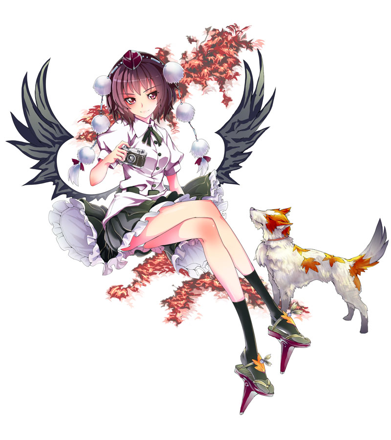 genbou2, tamon ketsuyuki, inubashiri momiji, shameimaru aya, touhou, black legwear, 2girls, animalization, black hair, black wings, camera, crossed legs, dog, female focus, geta, hat, long legs, low wings, multiple girls, panties, pantyshot, red eyes, sitting, skirt, socks, tengu-geta, tokin hat, underwear, wings