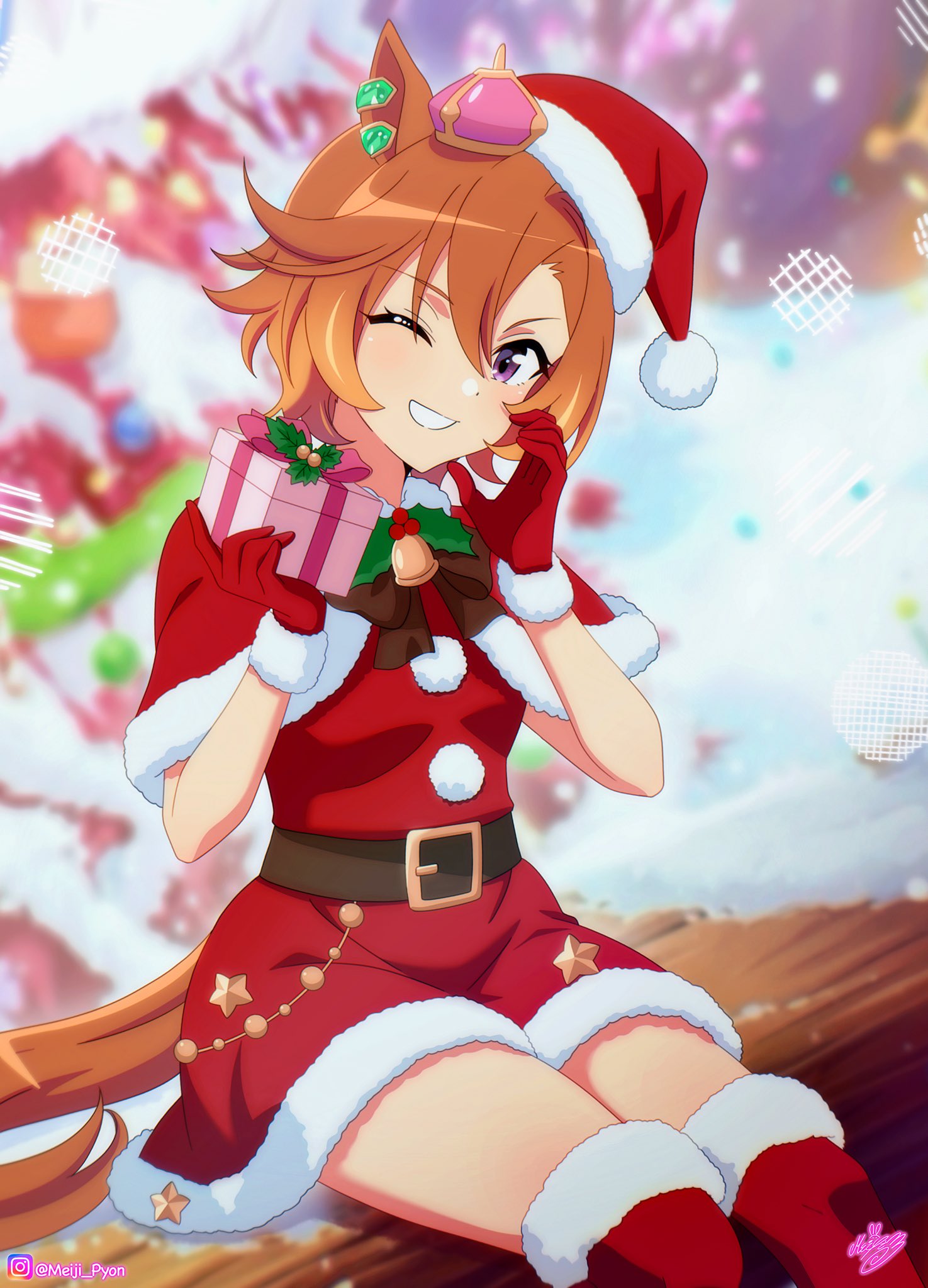 meiji (kurumierika), t.m. opera o (umamusume), umamusume, highres, 1girl, animal ears, belt, blush, bow, box, breasts, brown belt, brown bow, capelet, christmas, christmas present, crown, dress, ear ornament, fur-trimmed capelet, fur-trimmed dress, fur-trimmed gloves, fur-trimmed headwear, fur-trimmed thighhighs, fur trim, gift, gift box, gloves, hair between eyes, hat, holding, holly, horse ears, horse girl, horse tail, looking at viewer, mini crown, one eye closed, open mouth, orange hair, orange tail, pink crown, purple eyes, red capelet, red dress, red gloves, red hat, red thighhighs, santa costume, santa dress, santa hat, short hair, sitting, smile, snow, snowflakes, solo, tail, thighhighs