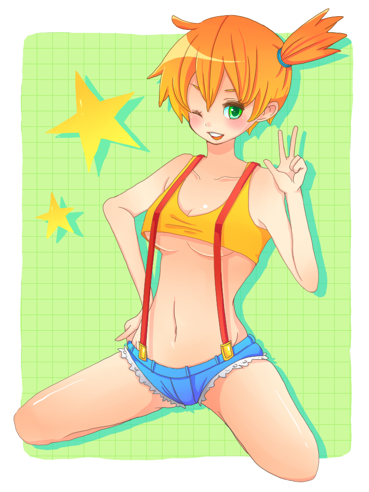 rariko, misty (pokemon), nintendo, pokemon, pokemon (anime), pokemon (classic anime), 1girl, breasts, denim, denim shorts, female focus, full body, green eyes, gym leader, midriff, orange hair, ponytail, short hair, shorts, side ponytail, solo, suspenders, underboob, v