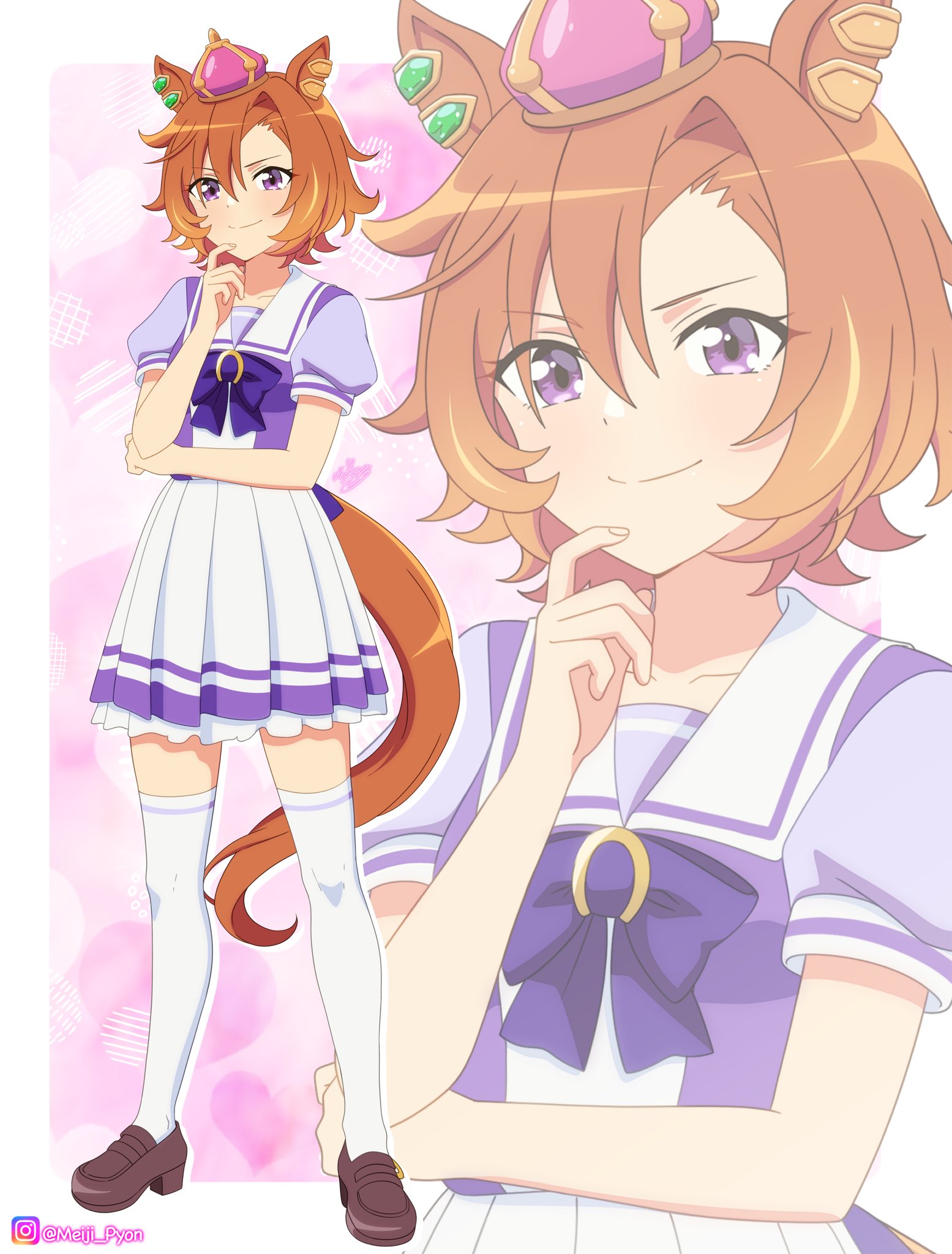 meiji (kurumierika), t.m. opera o (umamusume), umamusume, highres, 1girl, animal ears, blush, bow, bowtie, breasts, closed mouth, collarbone, crown, ear ornament, hair between eyes, horse ears, horse girl, horse tail, looking at viewer, mini crown, orange hair, orange tail, pink crown, pleated skirt, puffy short sleeves, puffy sleeves, purple bow, purple bowtie, purple eyes, purple shirt, sailor collar, sailor shirt, school uniform, shirt, shoes, short hair, short sleeves, skirt, smile, tail, thighhighs, tracen school uniform, white sailor collar, white skirt, white thighhighs, zoom layer