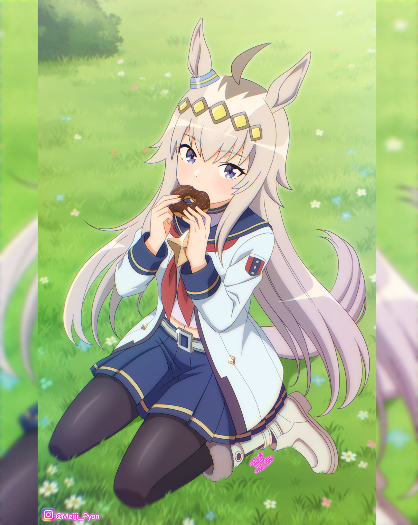 meiji (kurumierika), oguri cap (starlight beat) (umamusume), oguri cap (umamusume), umamusume, highres, 1girl, ahoge, animal ears, black pantyhose, blue eyes, blue sailor collar, blue skirt, boots, brooch, donut, ear ornament, eating, flower, food, food in mouth, grass, grey hair, grey tail, hair between eyes, hair ornament, hairband, holding, holding donut, holding food, horse ears, horse girl, horse tail, jacket, jewelry, long hair, long sleeves, looking at viewer, midriff peek, multicolored hair, navel, neckerchief, outdoors, pantyhose, pleated skirt, red neckerchief, sailor collar, seiza, shirt, sitting, skirt, solo, star brooch, tail, white boots, white jacket, white shirt